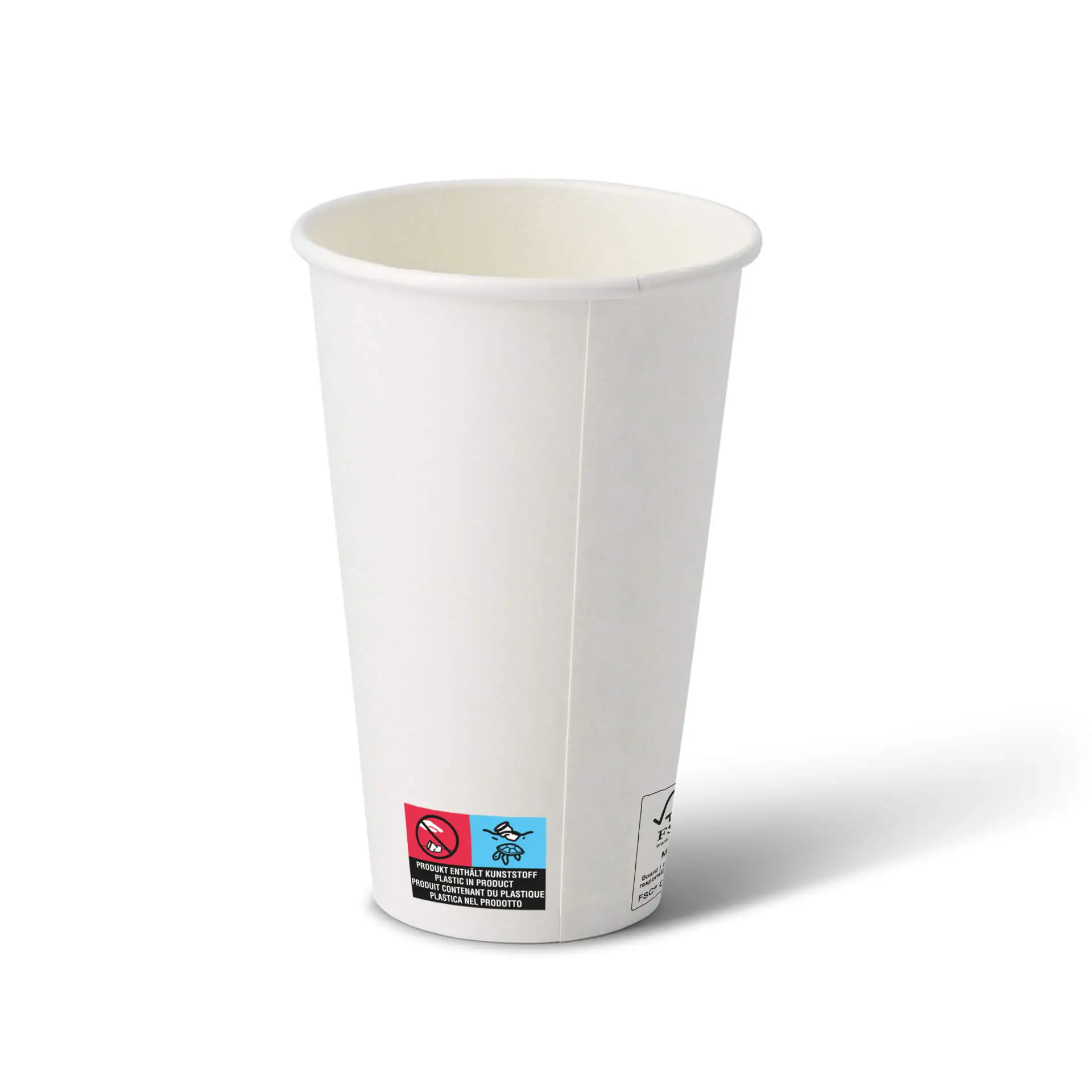 Un gobelet en papier blanc de 16 oz avec une surface lisse et un revêtement PE ; présente des étiquettes avec symboles et marquages sur le côté.