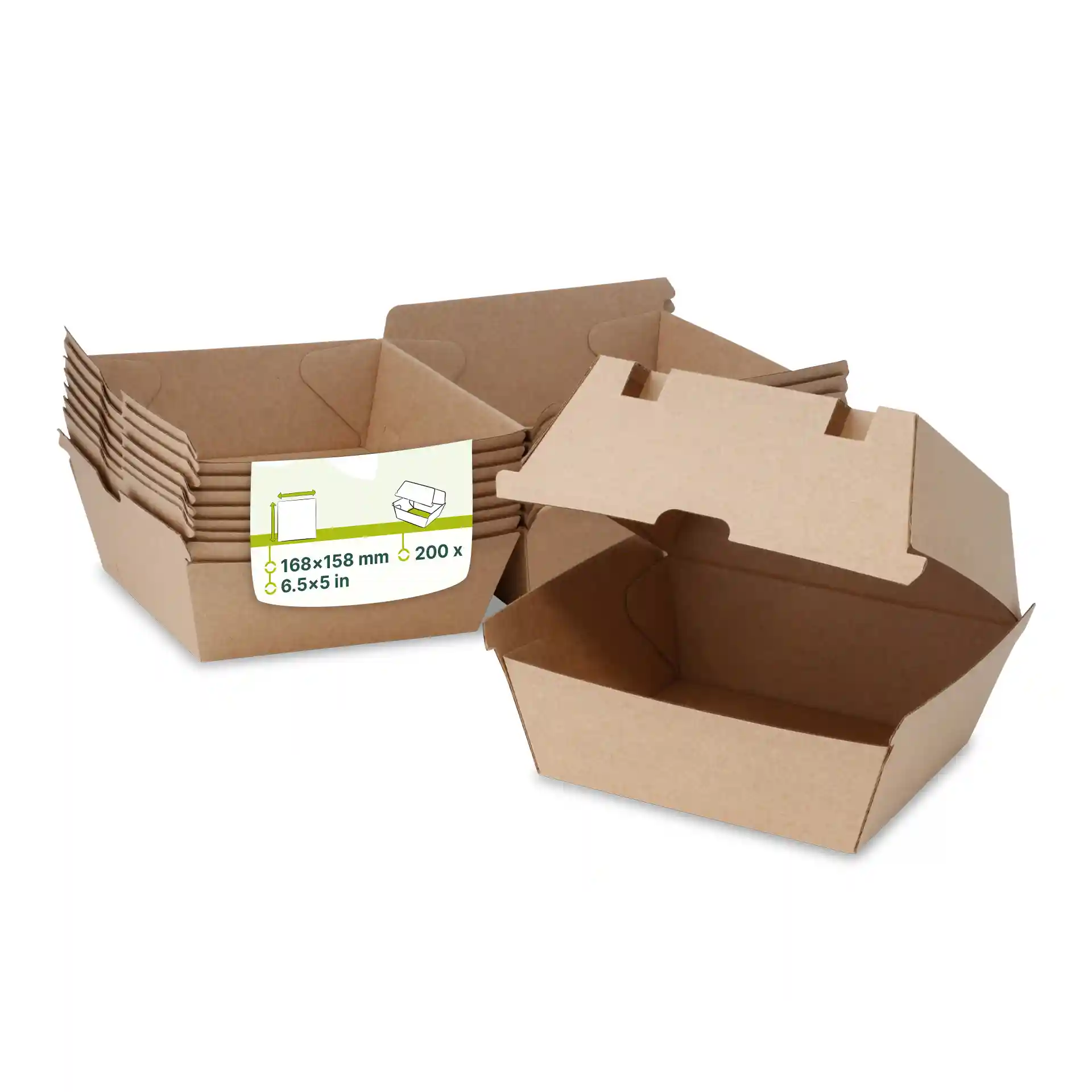 Boîtes à burgers en carton brun empilées, avec une ouverte, montrant des dimensions de 168 x 158 mm et un total de 200 boîtes.