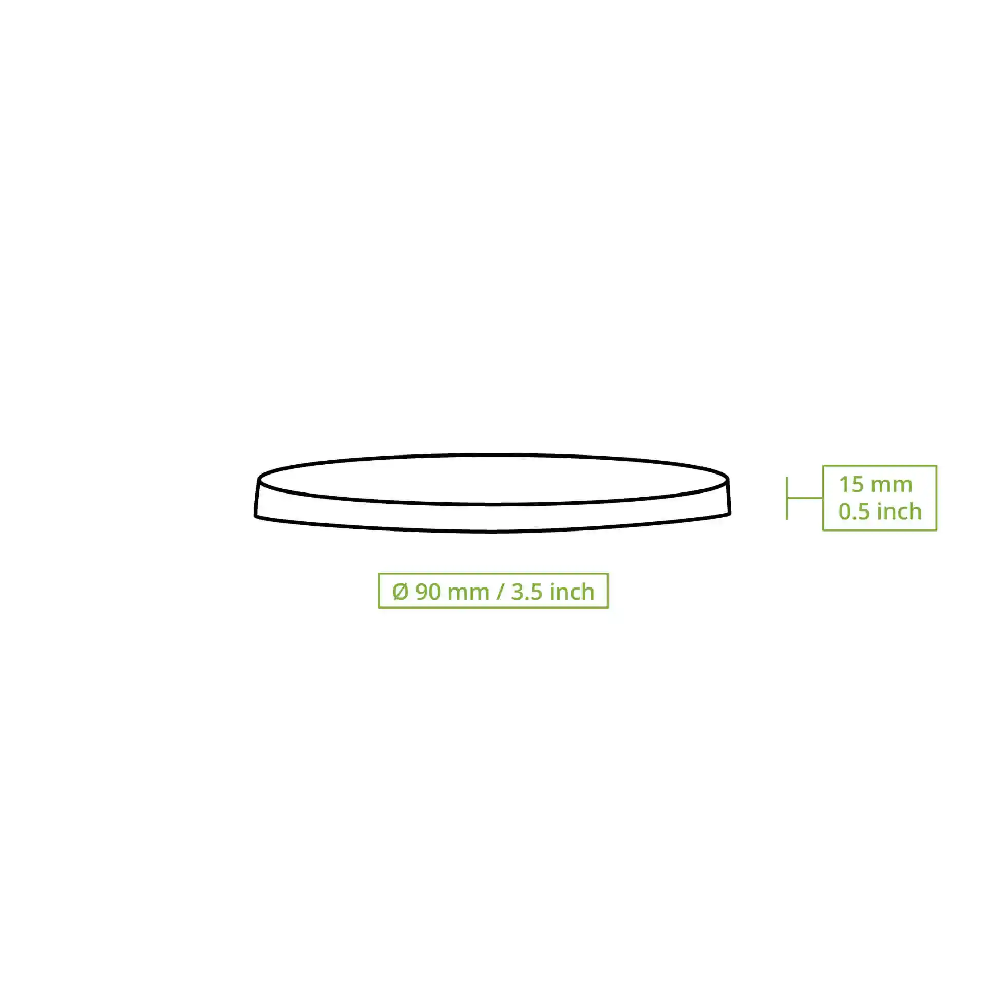 Dessin schématique d'un couvercle en carton rond de 90 mm de diamètre et 15 mm de hauteur.