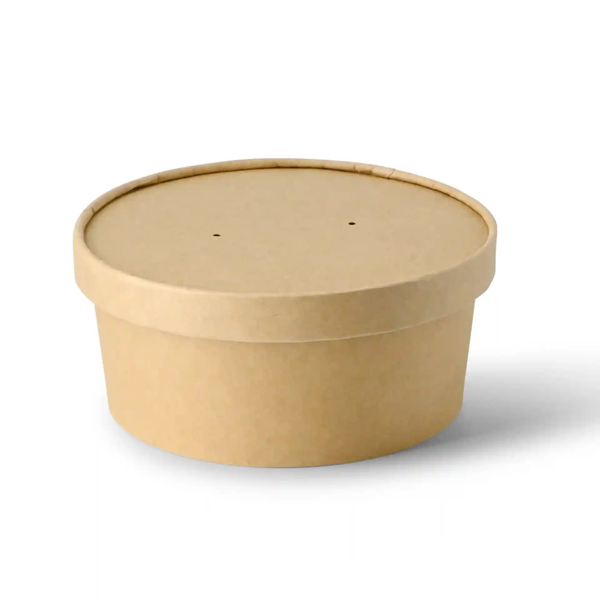 Bol rond en carton brun avec couvercle, comportant deux petits trous sur le dessus, capacité de 750 ml.