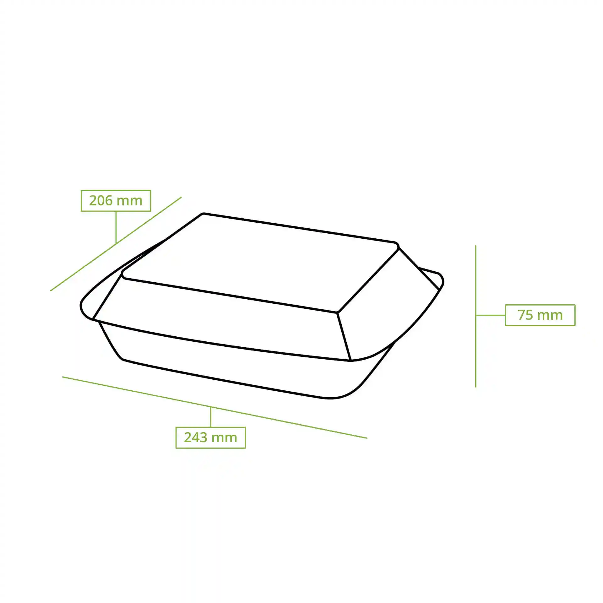 Dessin schématique d'un conteneur de menu rectangulaire en canne à sucre avec des dimensions de 245 mm de long, 200 mm de large et 75 mm de haut.