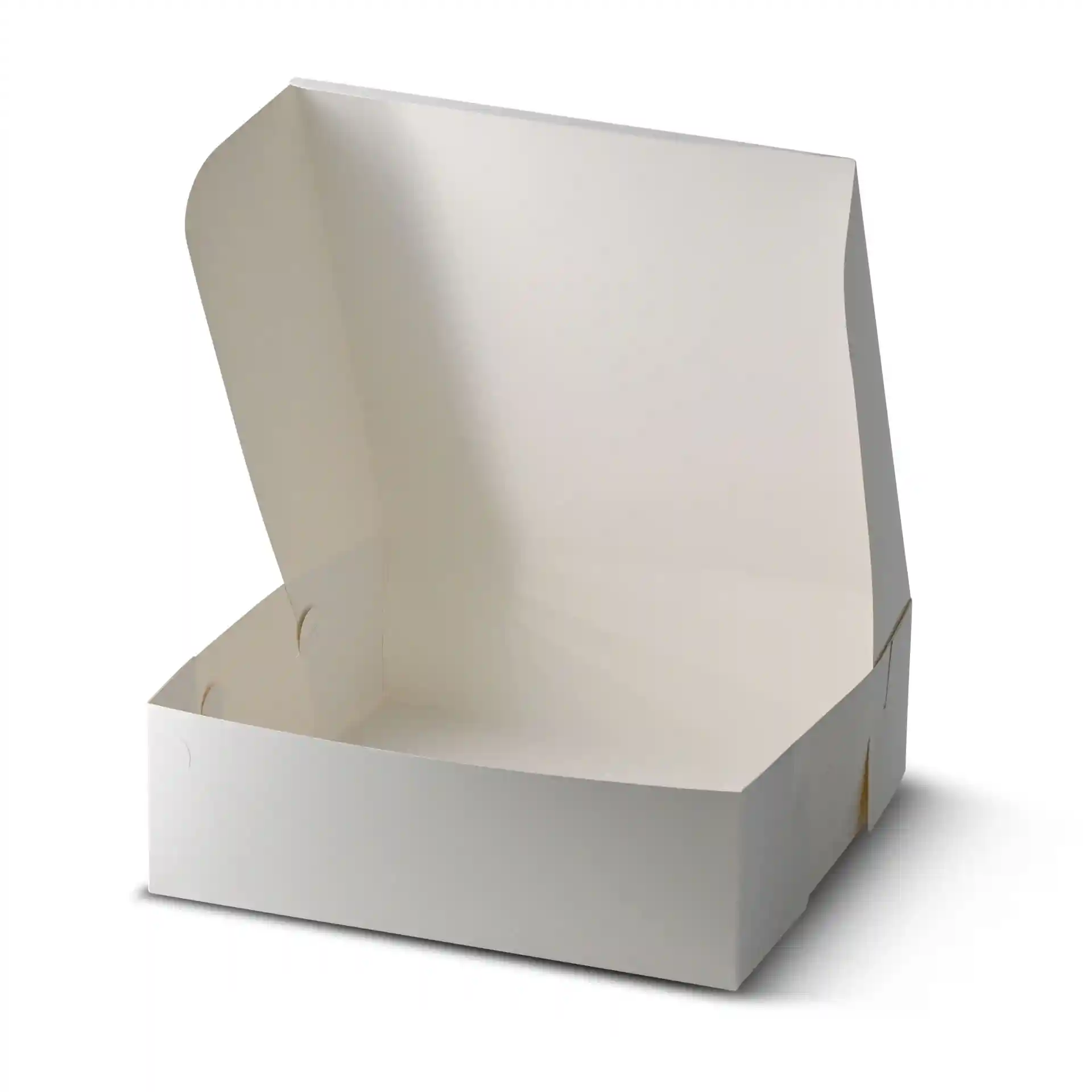 Boîte à gâteau blanche avec couvercle ouvert, mesurant 30,5 x 30,5 x 10 cm.
