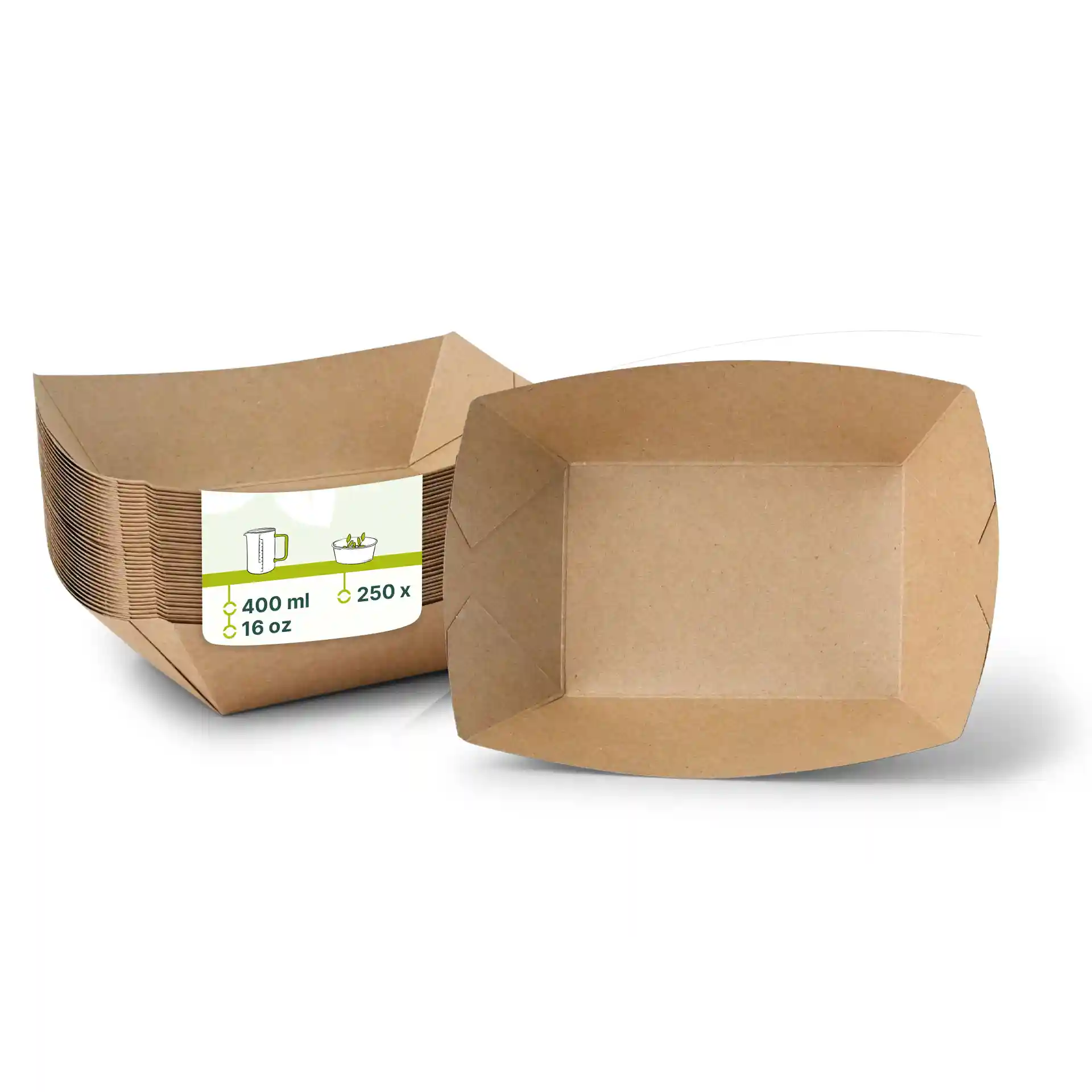 Plateaux alimentaires en carton rectangulaires bruns empilés, avec un plateau affiché verticalement et une étiquette indiquant les détails de volume.