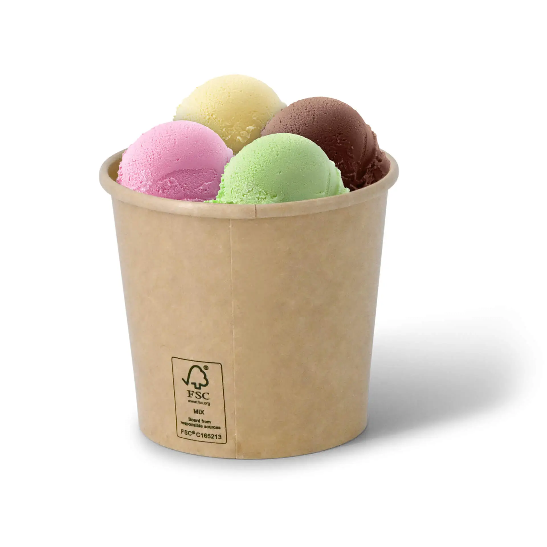 Un tub en papier brun rempli de quatre boules de glace aux saveurs différentes : chocolat, fraise, melon et menthe.