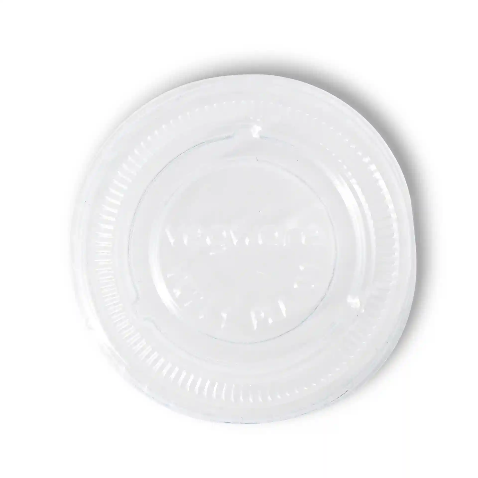 Couvercle rond en PLA transparent de 48 mm de diamètre, avec un bord texturé et une surface supérieure lisse.