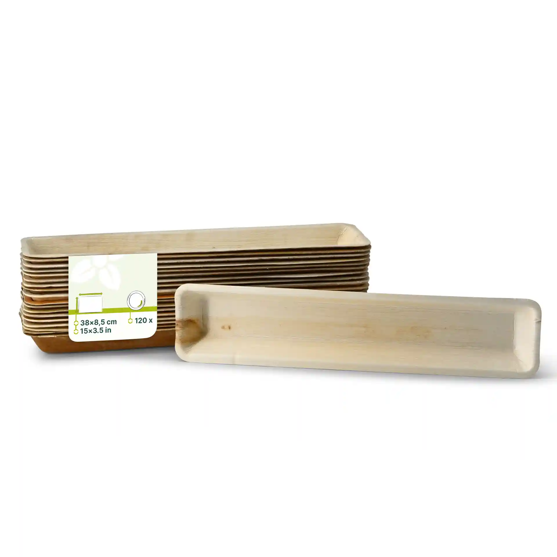 Plateau rectangulaire en feuille de palmier mesurant 38 x 8,5 cm, de couleur grain naturel et sans revêtement.