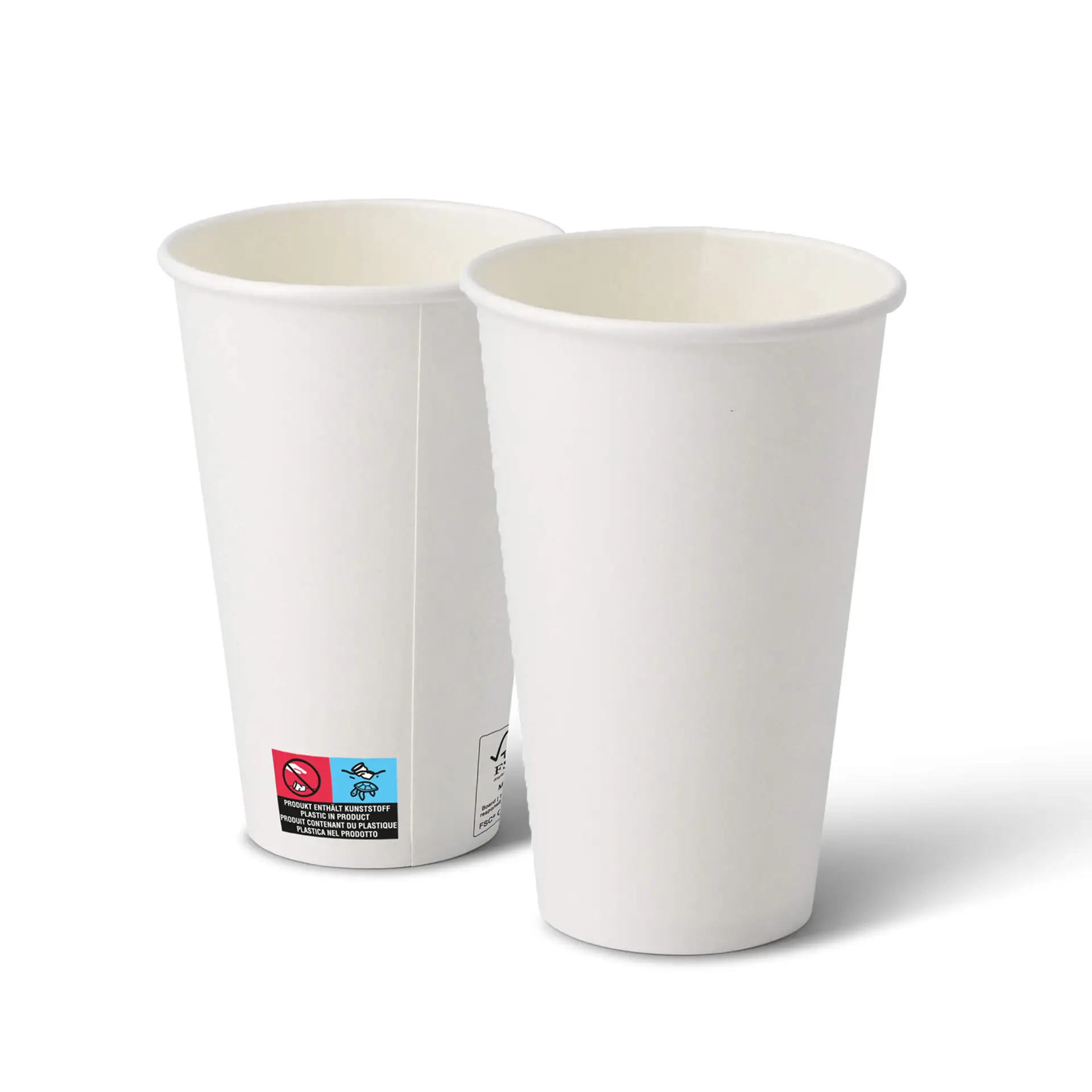 Deux gobelets en papier blanc avec revêtement PE, adaptés pour des boissons de 16 oz, avec un design classique et des étiquettes de sécurité.