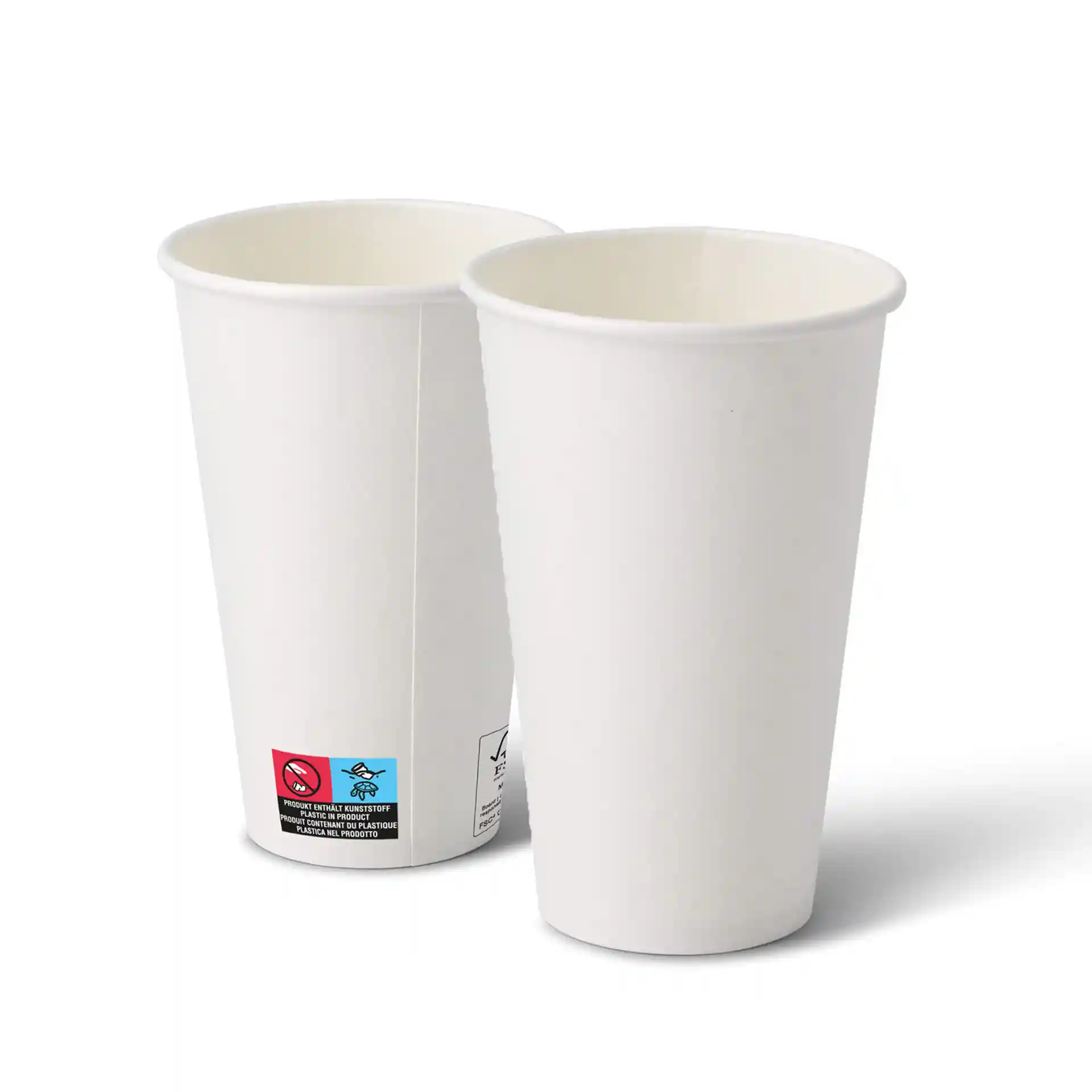 Deux gobelets en papier blancs de forme ronde, montrant l'intérieur et l'extérieur, avec une étiquette sur un gobelet.