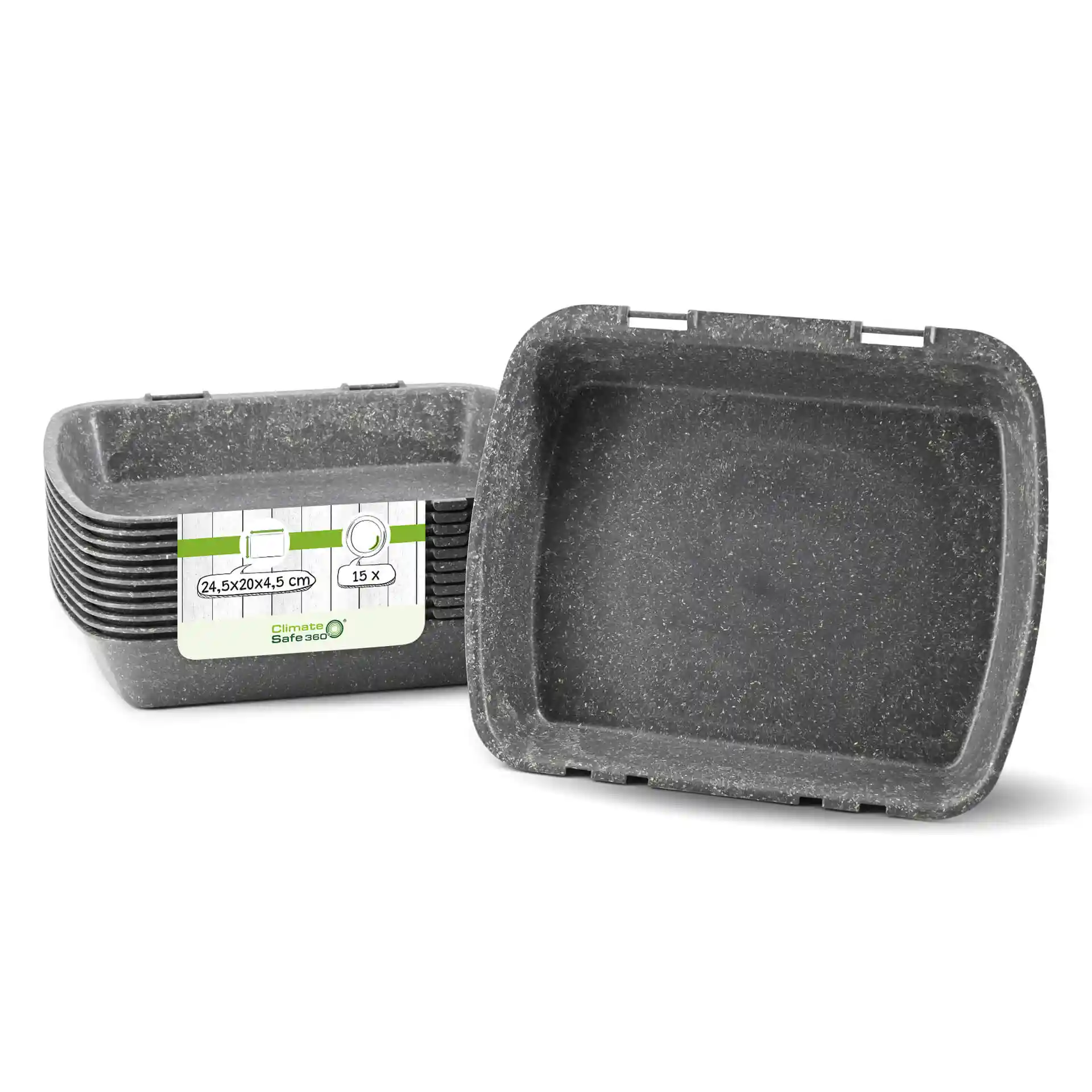 Conteneurs de menu réutilisables gris rectangulaires empilés, avec un conteneur ouvert, montrant une étiquette avec dimensions et détails.