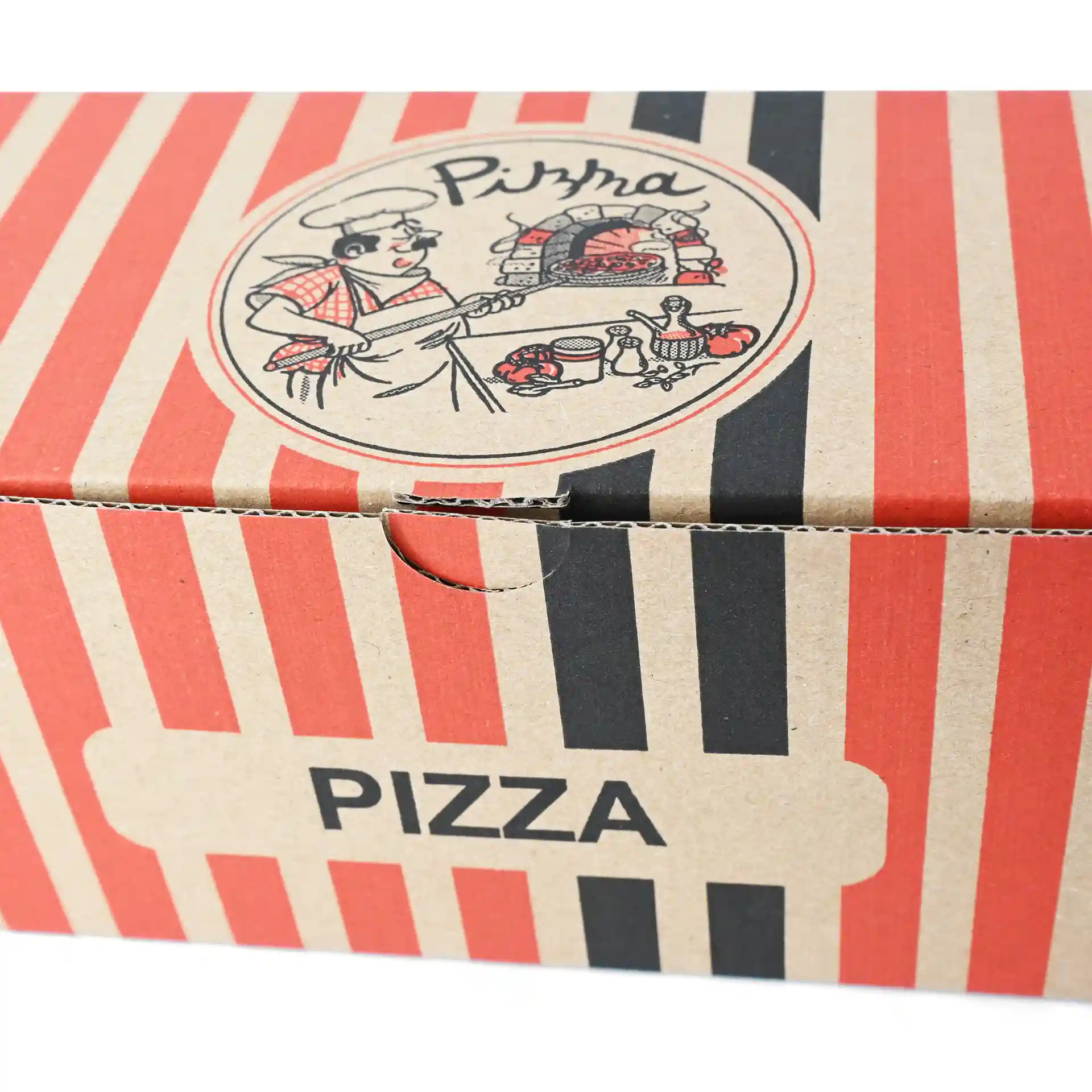 Boîte à pizza avec un design de chef pizzaiolo, rayures rouges et noires, dimensions 7 x 8 x 28 cm.