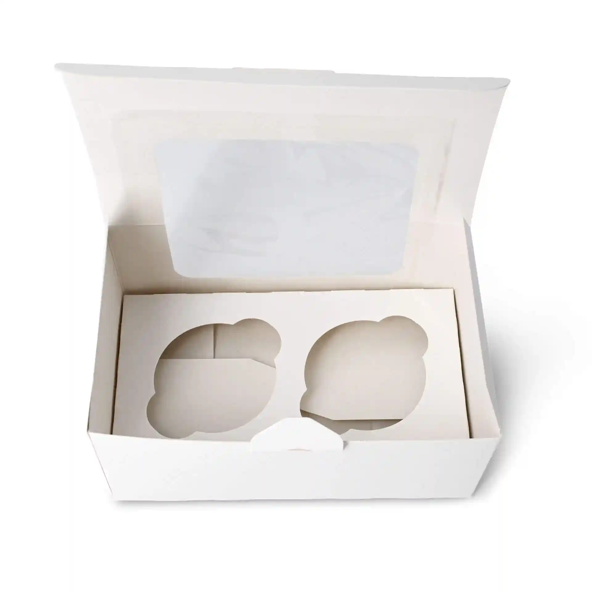 Insert en carton blanc avec découpes pour deux cupcakes, avec une fenêtre transparente sur le couvercle.