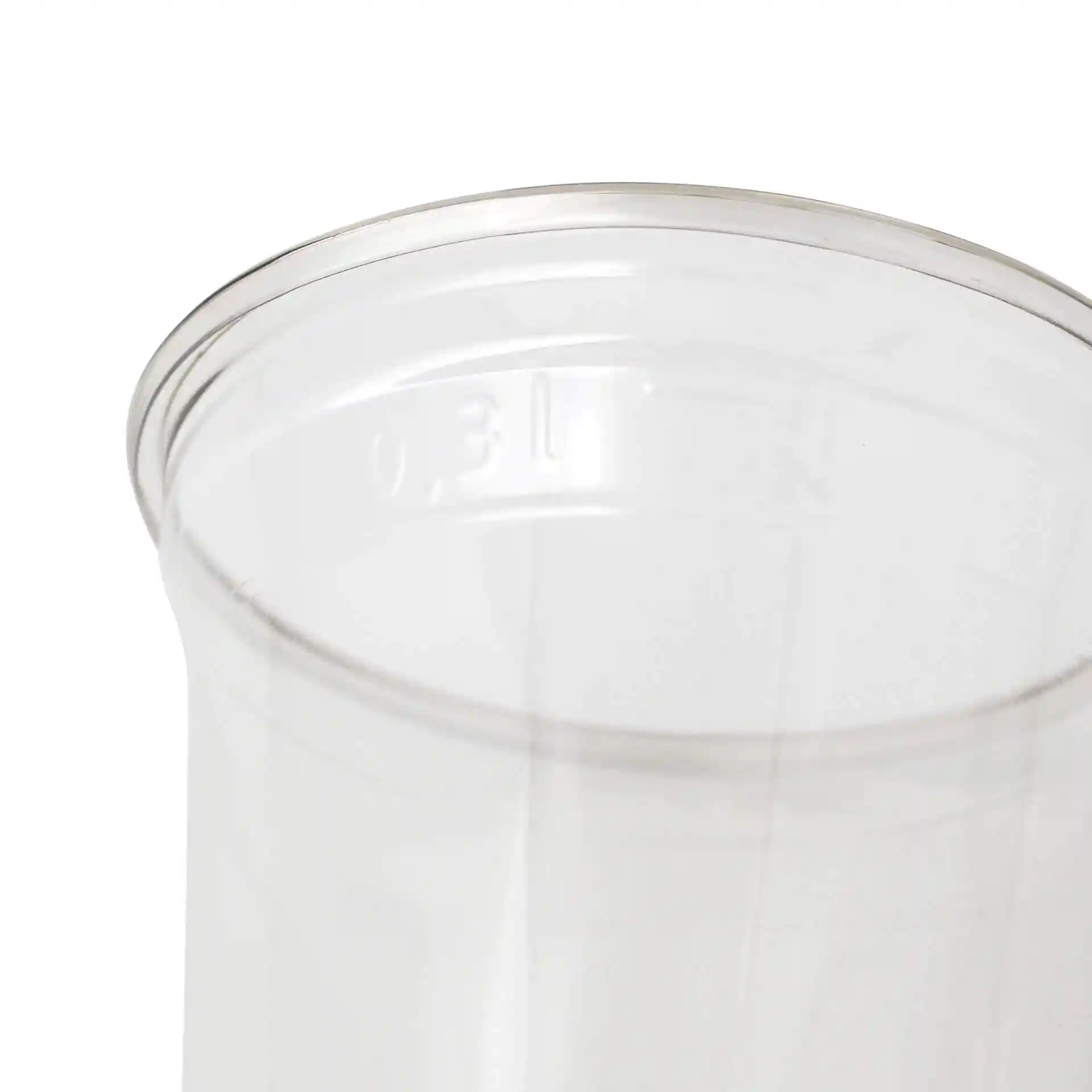 Gobelet rPET transparent de 12 oz avec un diamètre de 95 mm et une hauteur de 107 mm, montrant le détail du bord.