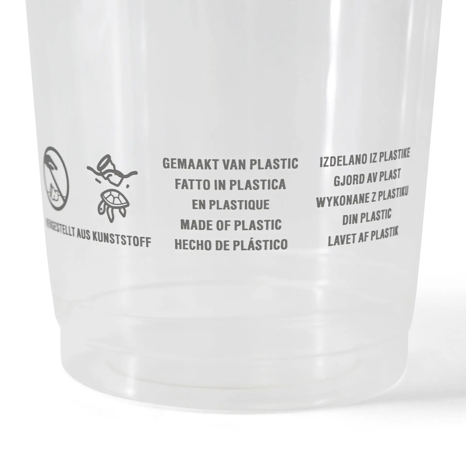 Gobelet en plastique transparent avec texte imprimé et symboles, hauteur de 148 mm et diamètre de 95 mm.