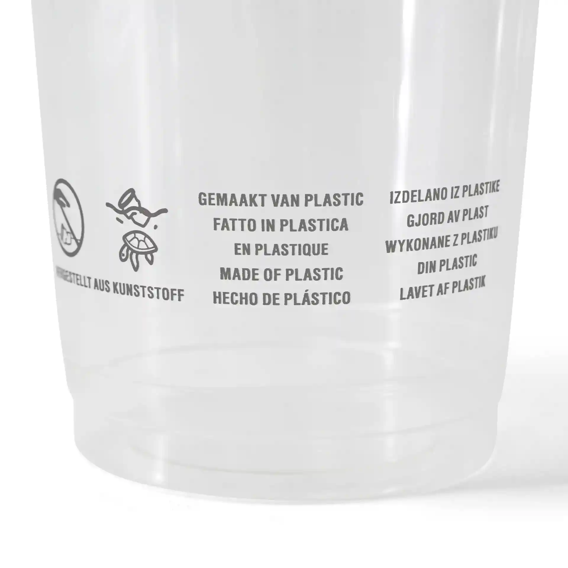 Gobelet en plastique transparent avec texte imprimé et symboles, hauteur de 148 mm et diamètre de 95 mm.