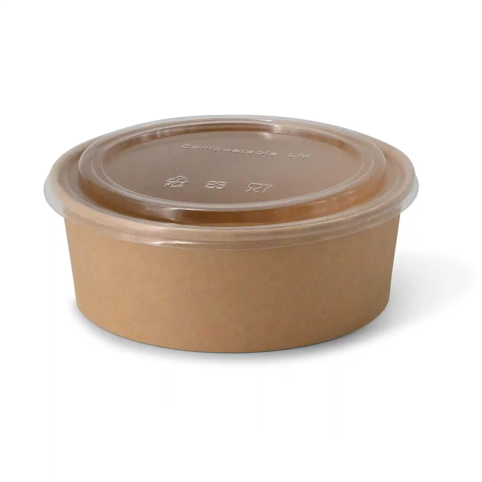 Bol en papier brun rond avec un couvercle transparent, mesurant 185 mm de diamètre et 68 mm de hauteur.