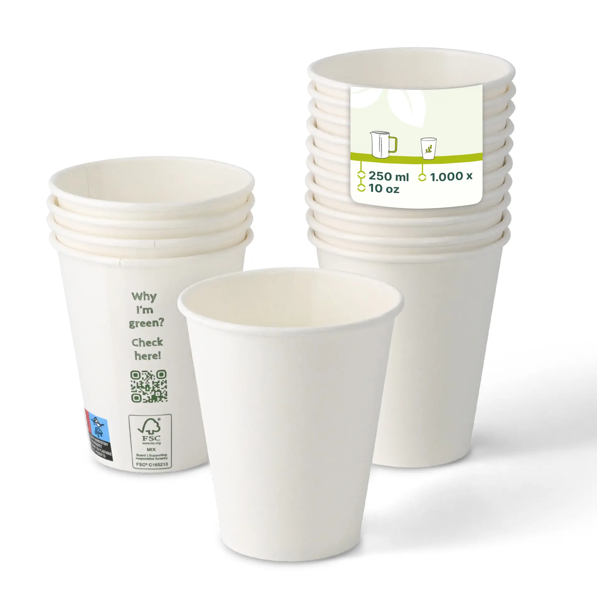 Gobelet en carton 250 ml / 10 oz, Ø 90 mm, simple paroi, blanc, revêtu de PLA