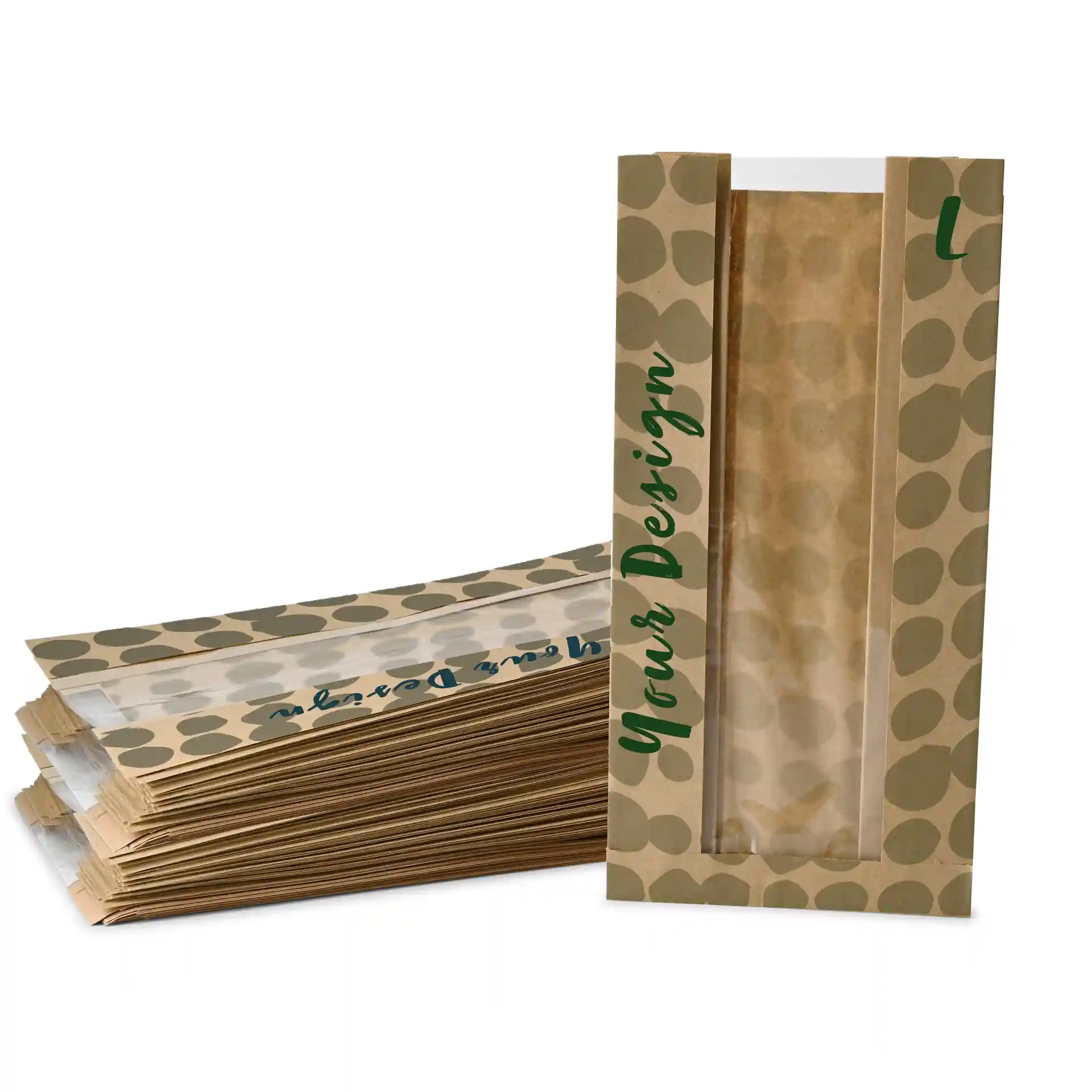 Sac en papier brun imprimé avec fenêtre, taille L, mesurant 20 × 11 × 41 cm, avec plusieurs sacs empilés derrière.
