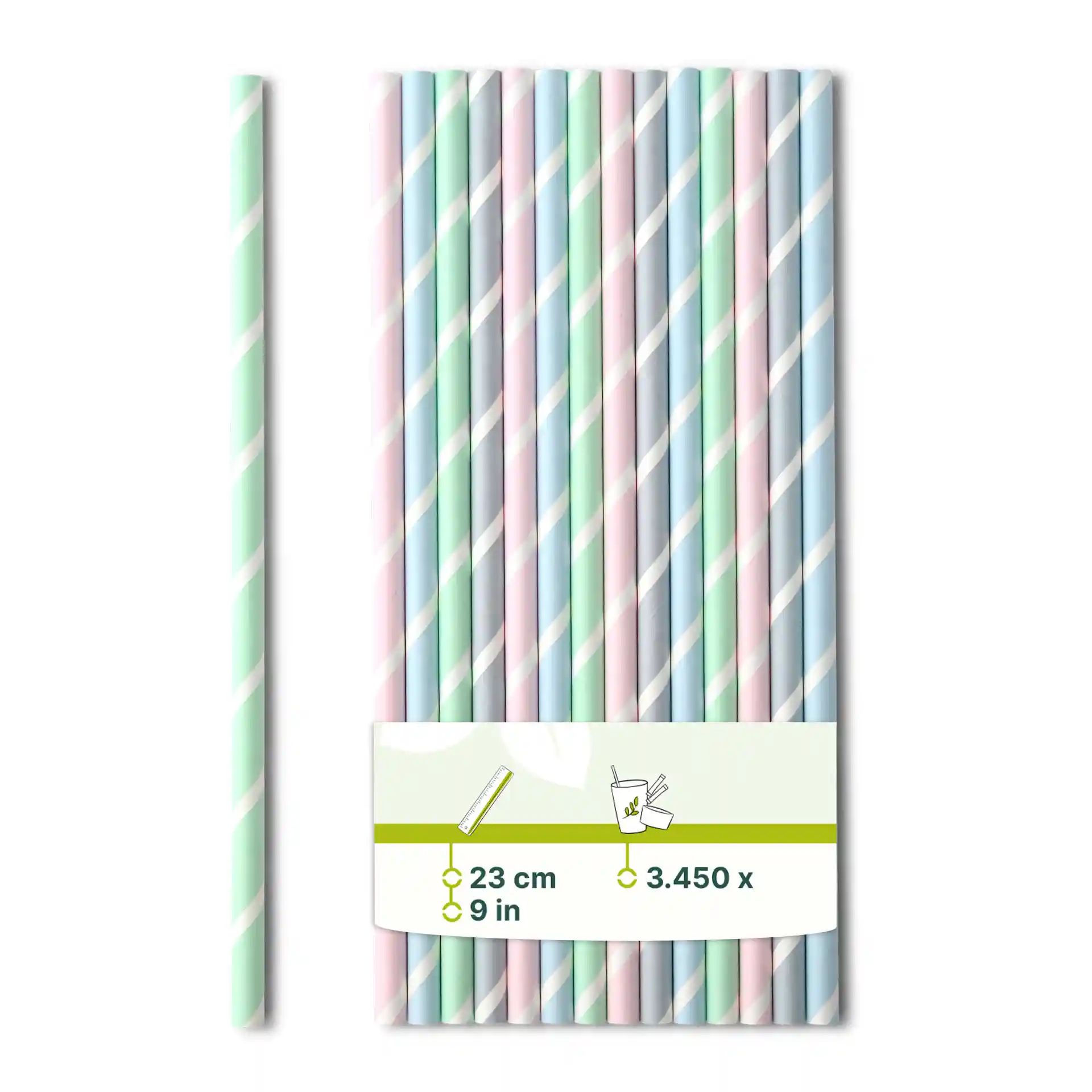 Pailles jumbo en papier rayées pastel, 23 cm de long et 0,8 cm de diamètre, disposées avec une étiquette indiquant les dimensions.