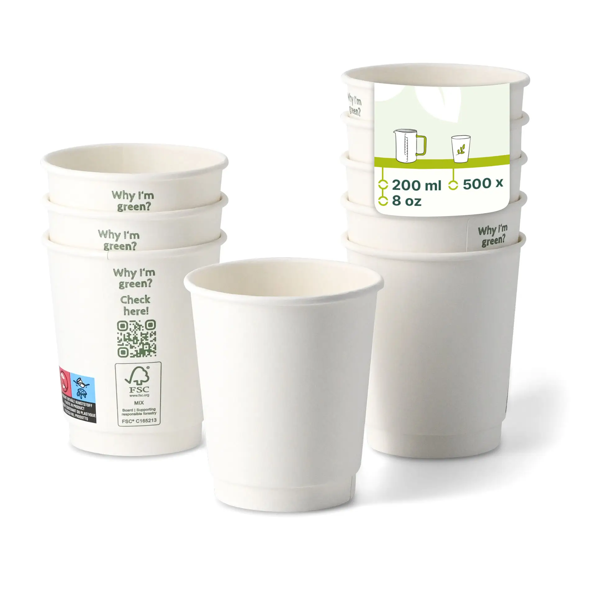 Gobelet café à emporter 200 ml / 8 oz, Ø 80 mm, double paroi, blanc, revêtement PLA