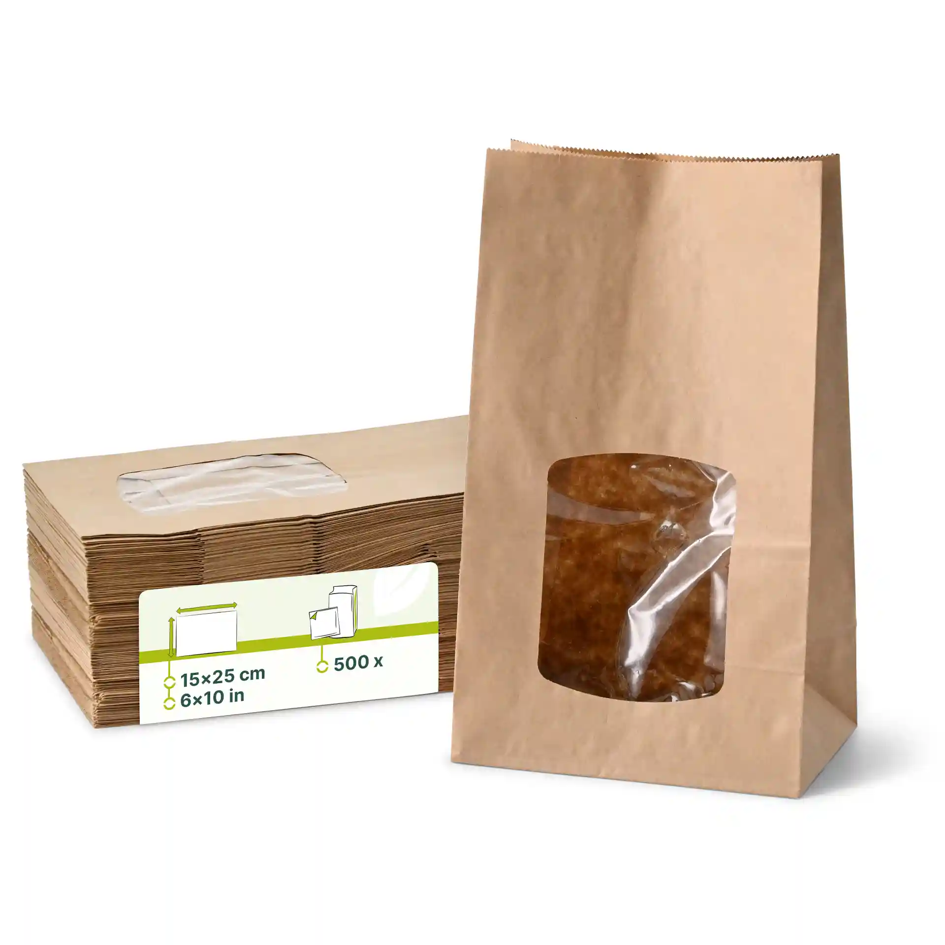 Sac en papier kraft brun avec fond plat et fenêtre de visualisation en PLA transparent, dimensions 15 x 10 x 25 cm.