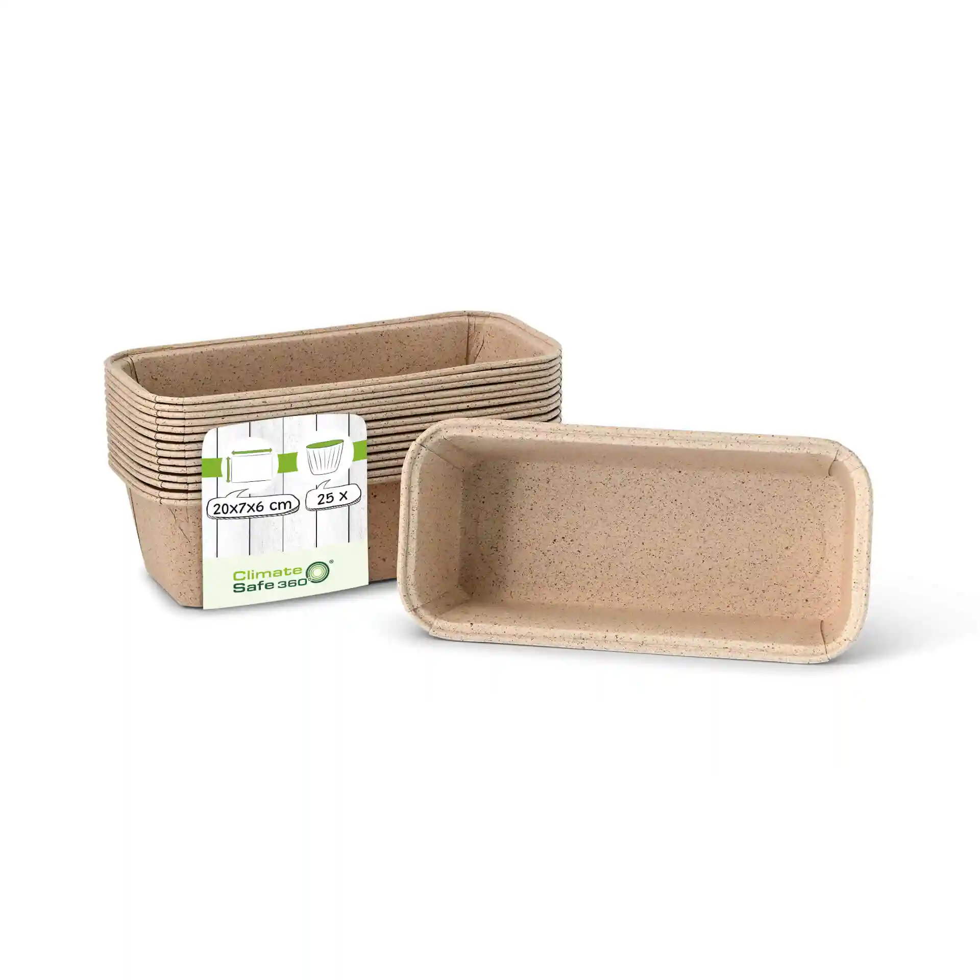 Moules à pâtisserie rectangulaires en papier cacao brun, mesurant 20 × 7 × 6 cm, avec une étiquette indiquant la quantité et les dimensions.