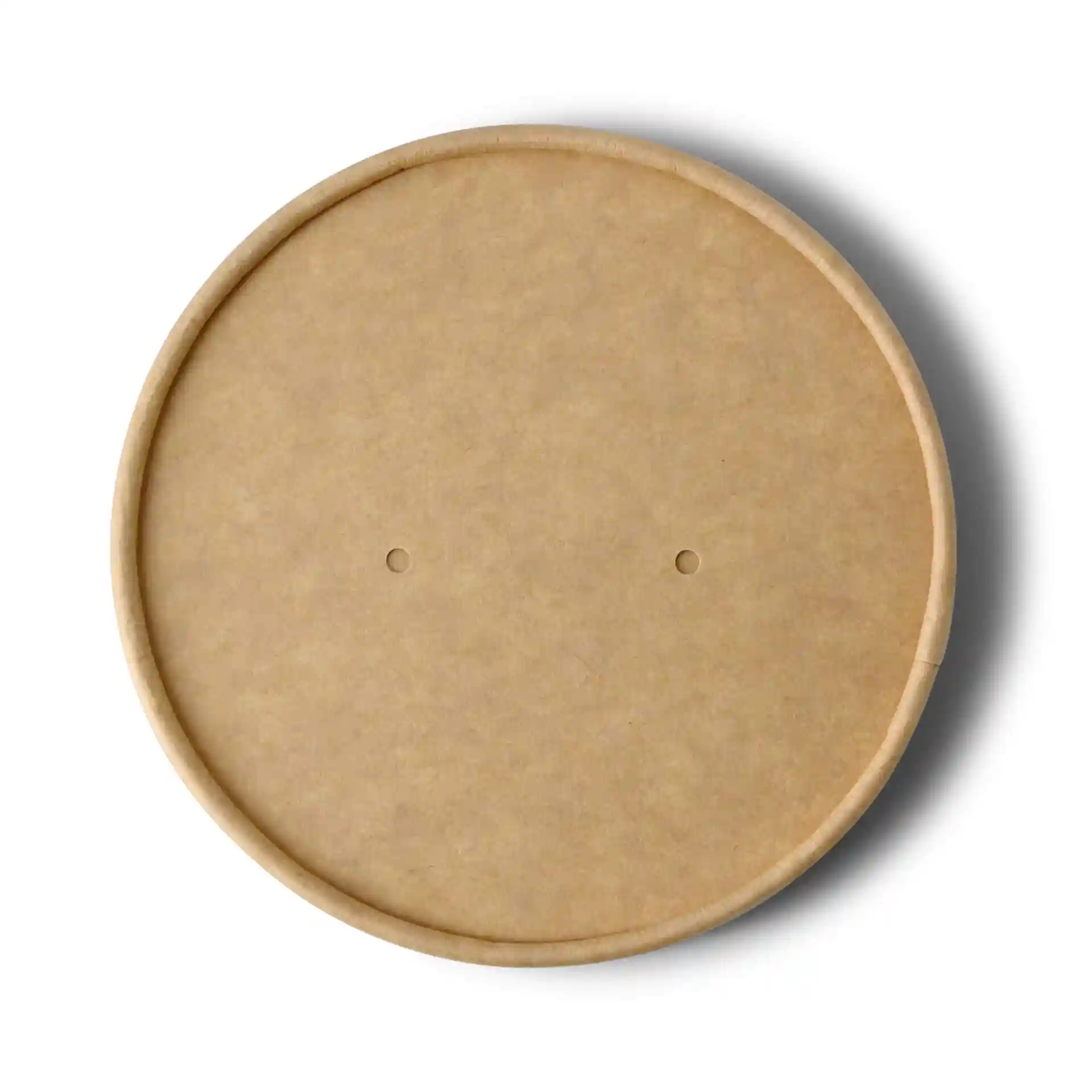 Couvercle rond en carton brun avec deux trous, conçu pour des contenants à soupe, mesurant 100 mm de diamètre.