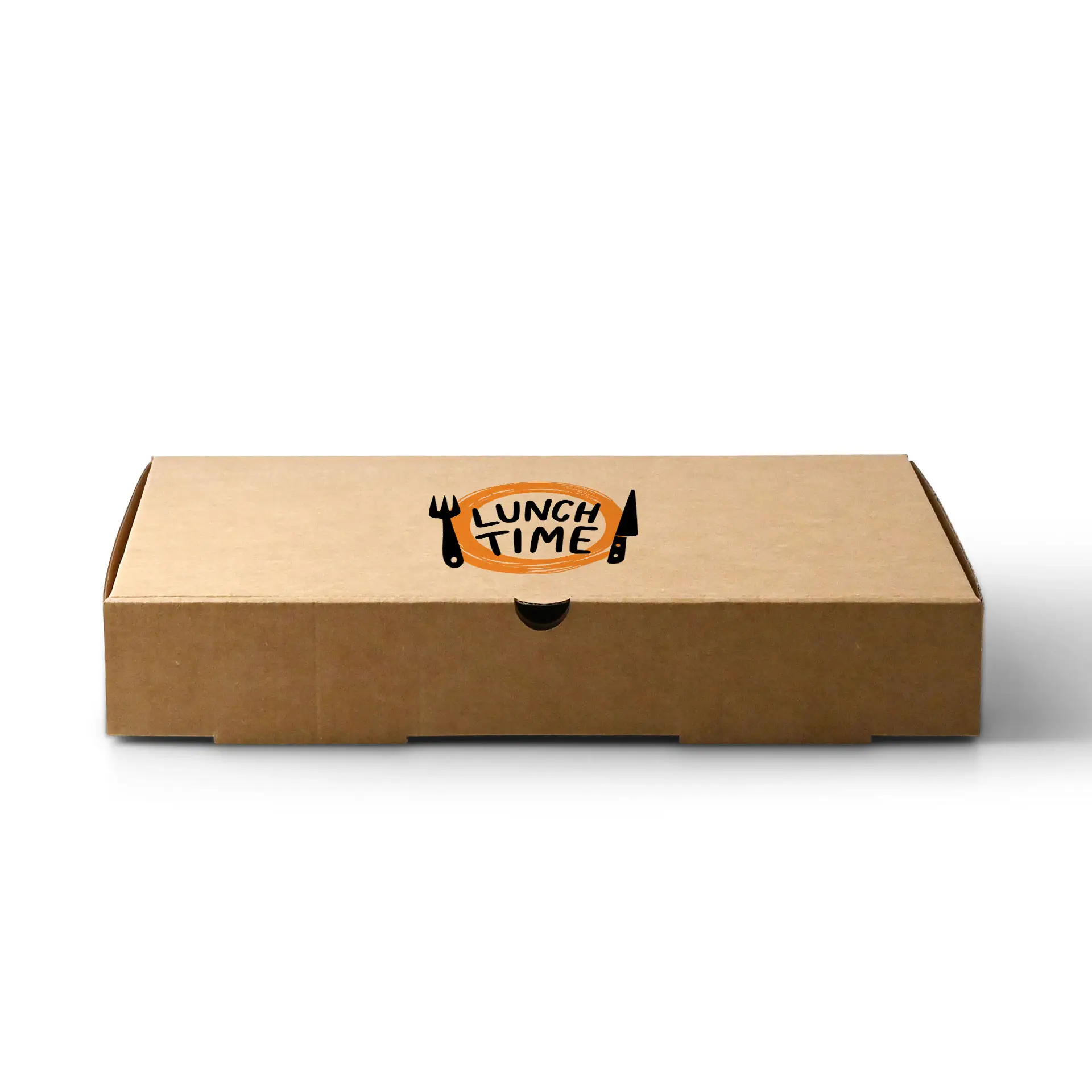 Boîte à pizza brune avec un design circulaire "LUNCH TIME" et une illustration d'ustensiles sur le dessus. Dimensions : 28 x 28 x 4 cm.