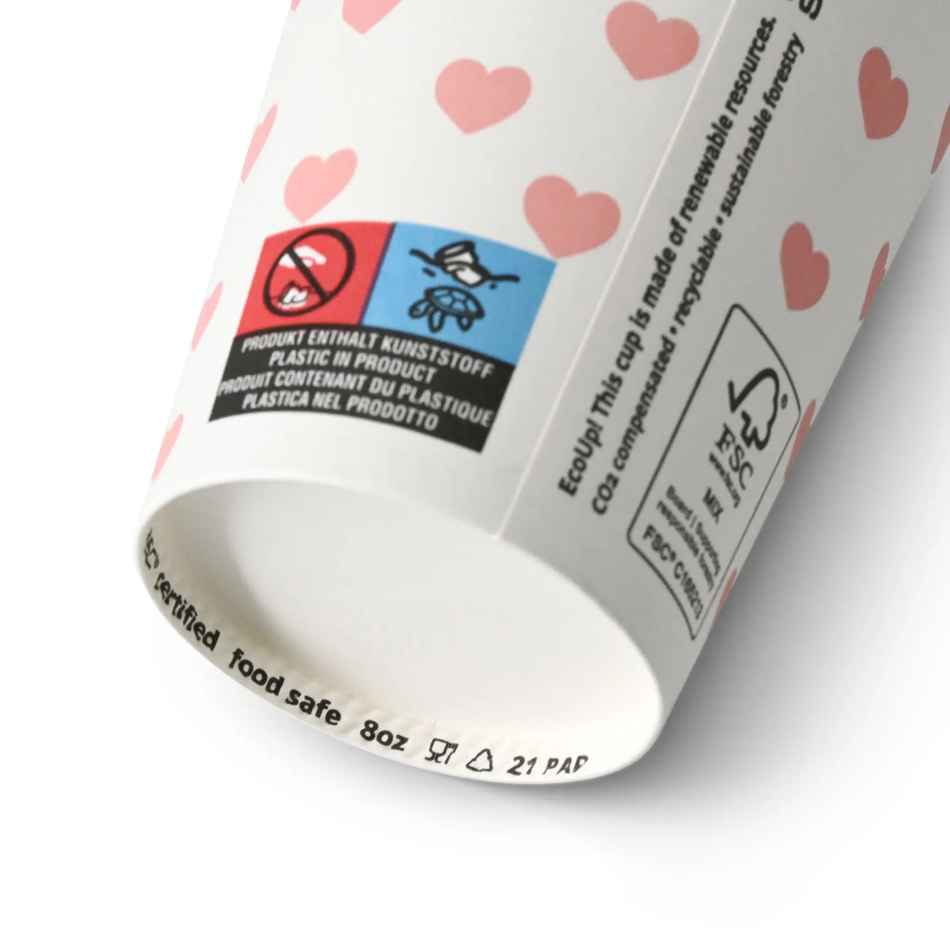 Gobelet en papier imprimé "Hearts" (revêtu) 200 ml / 8 oz, Ø 80 mm, blanc
