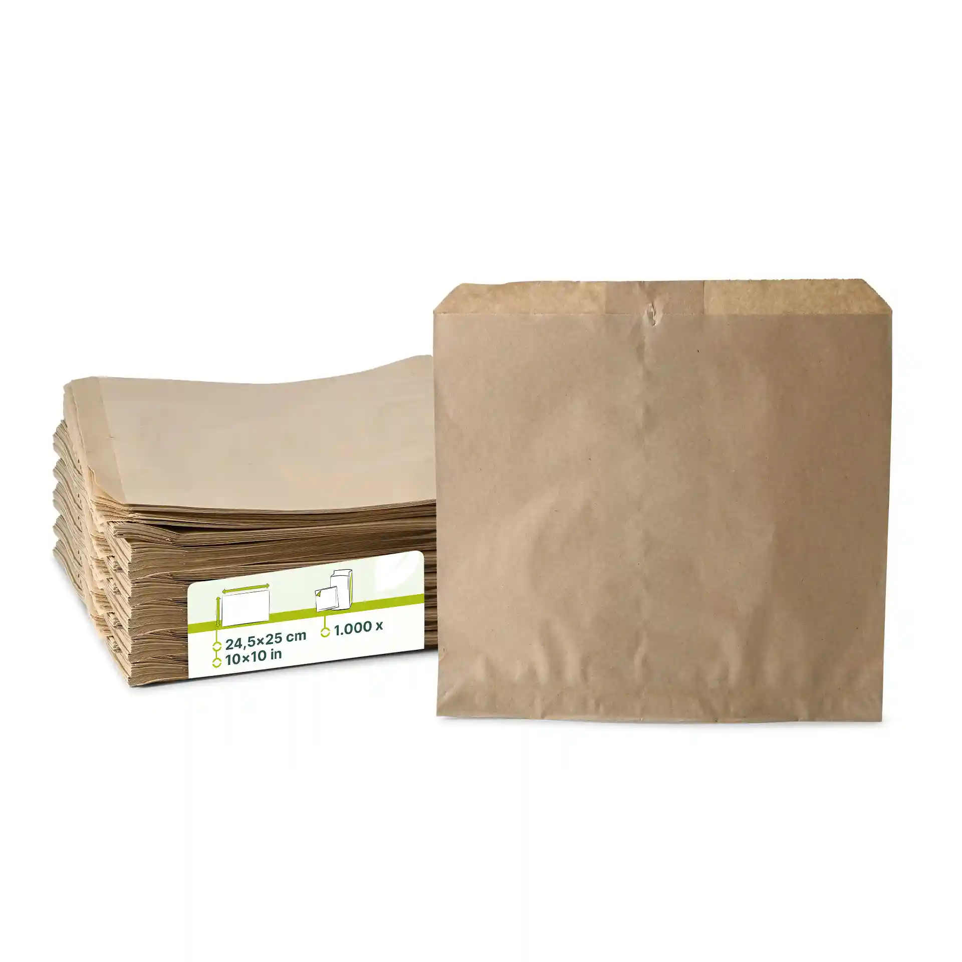 Empilement de sacs en papier marron plats mesurant 24,5 x 25 cm, avec un sac présenté debout.