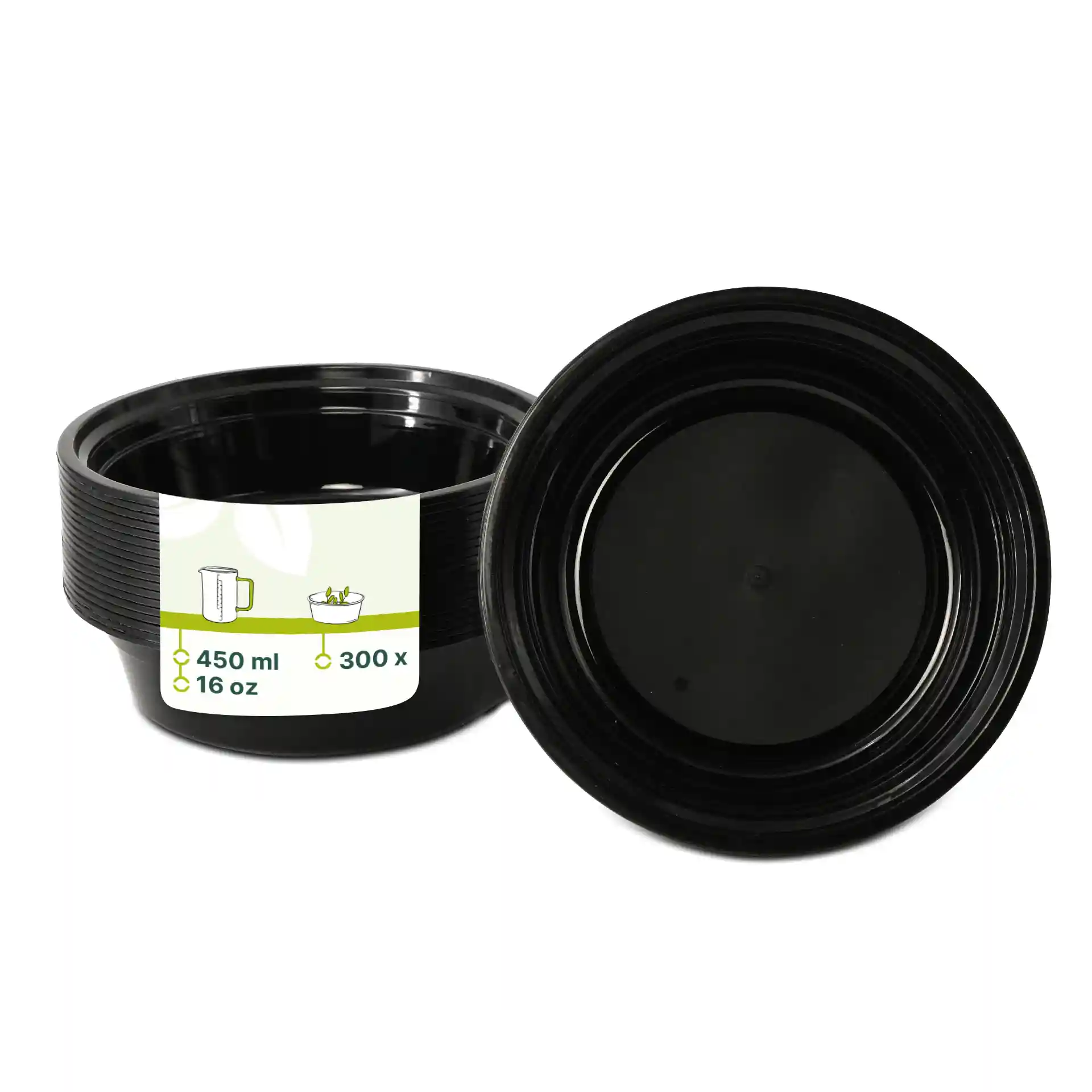Assiette ronde réutilisable noire en PP, capacité de 450 ml, diamètre de 158 mm et hauteur de 42 mm.