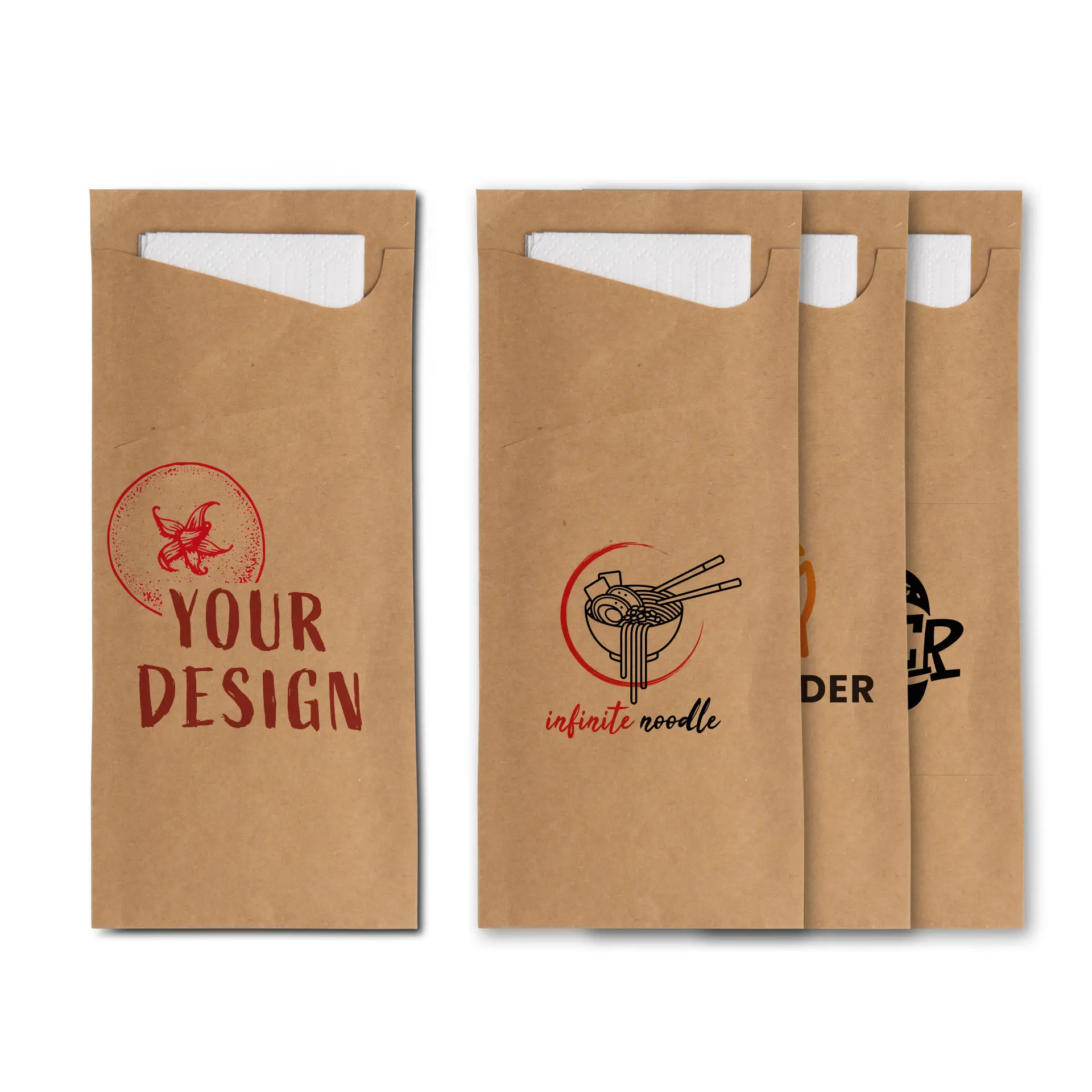 Manchon à couverts en kraft brun avec serviette blanche, présentant un logo circulaire d'un toucan aux couleurs vives.