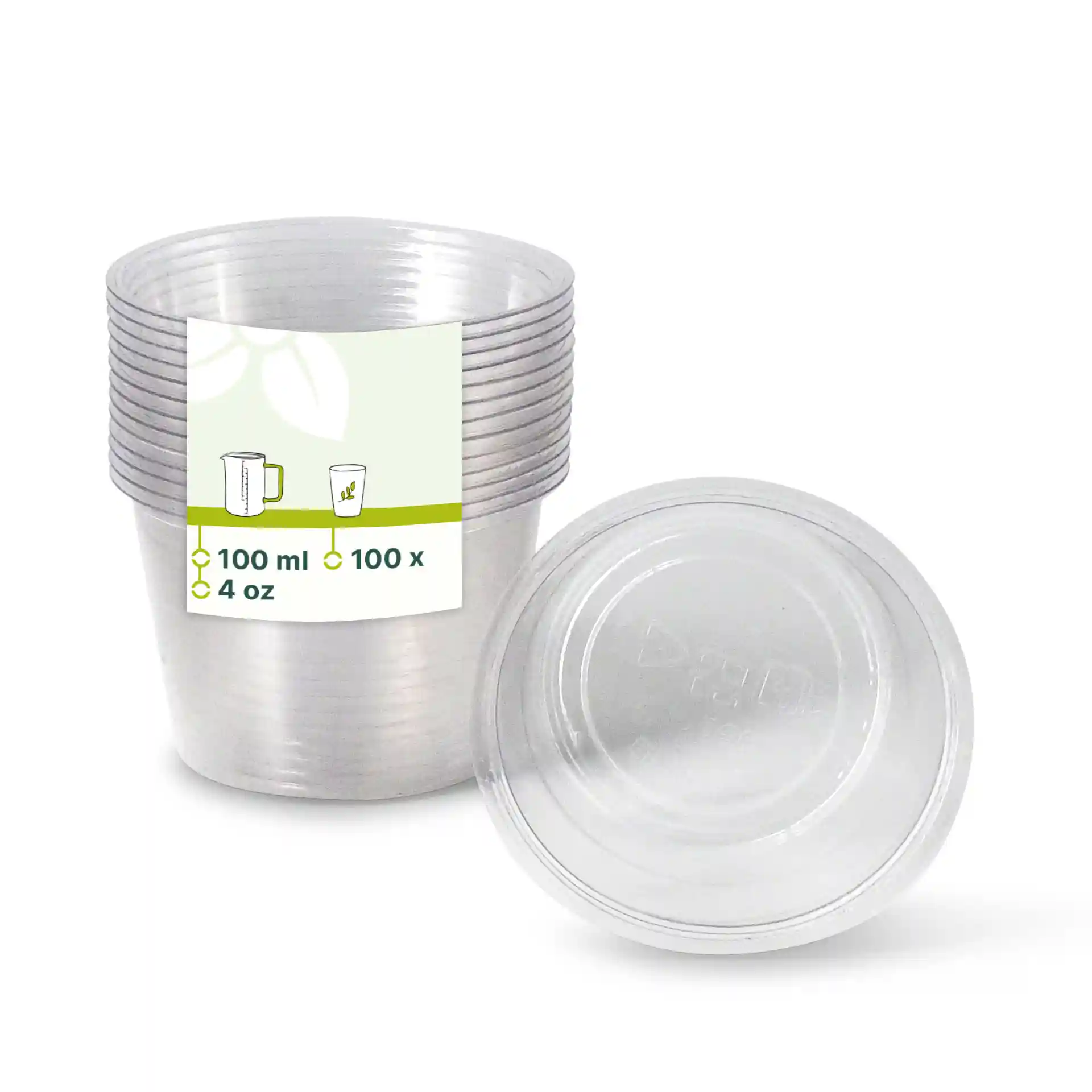 Gobelets en PLA transparents empilés avec une étiquette, montrant les dimensions et les détails de volume.