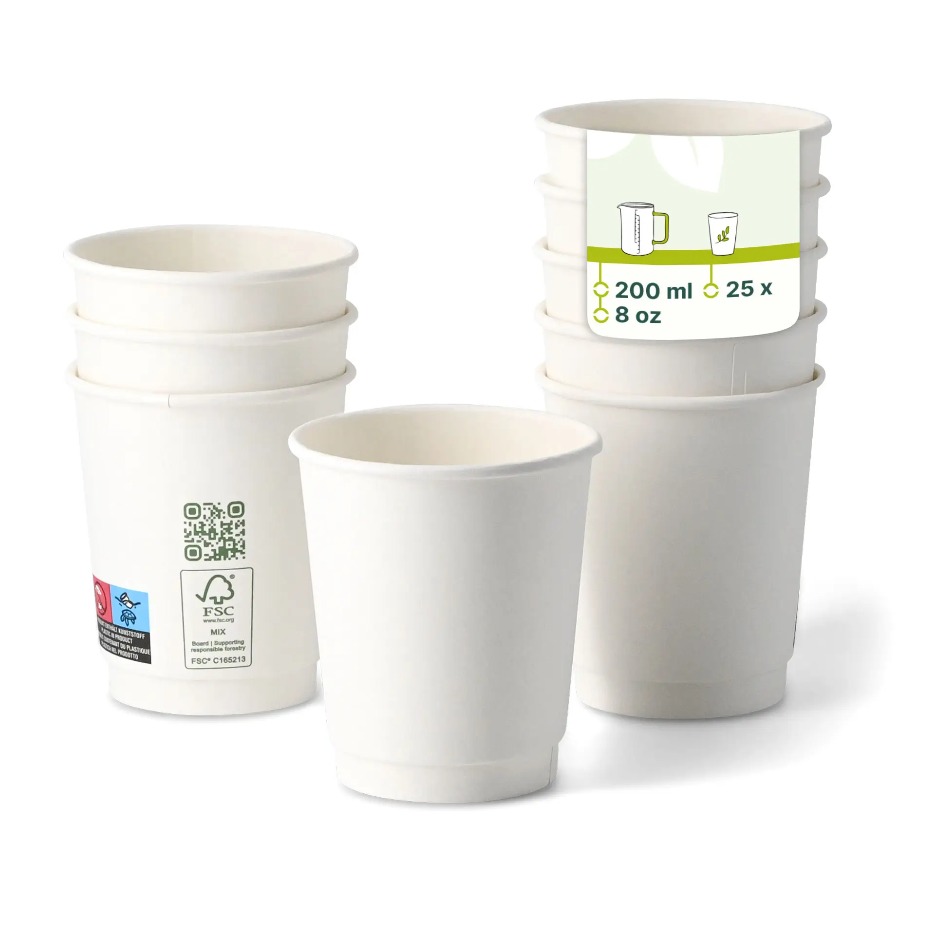 Tasse à café blanche à double paroi, 200 ml / 8 oz, avec plusieurs tasses empilées et une étiquette montrant les détails du produit.