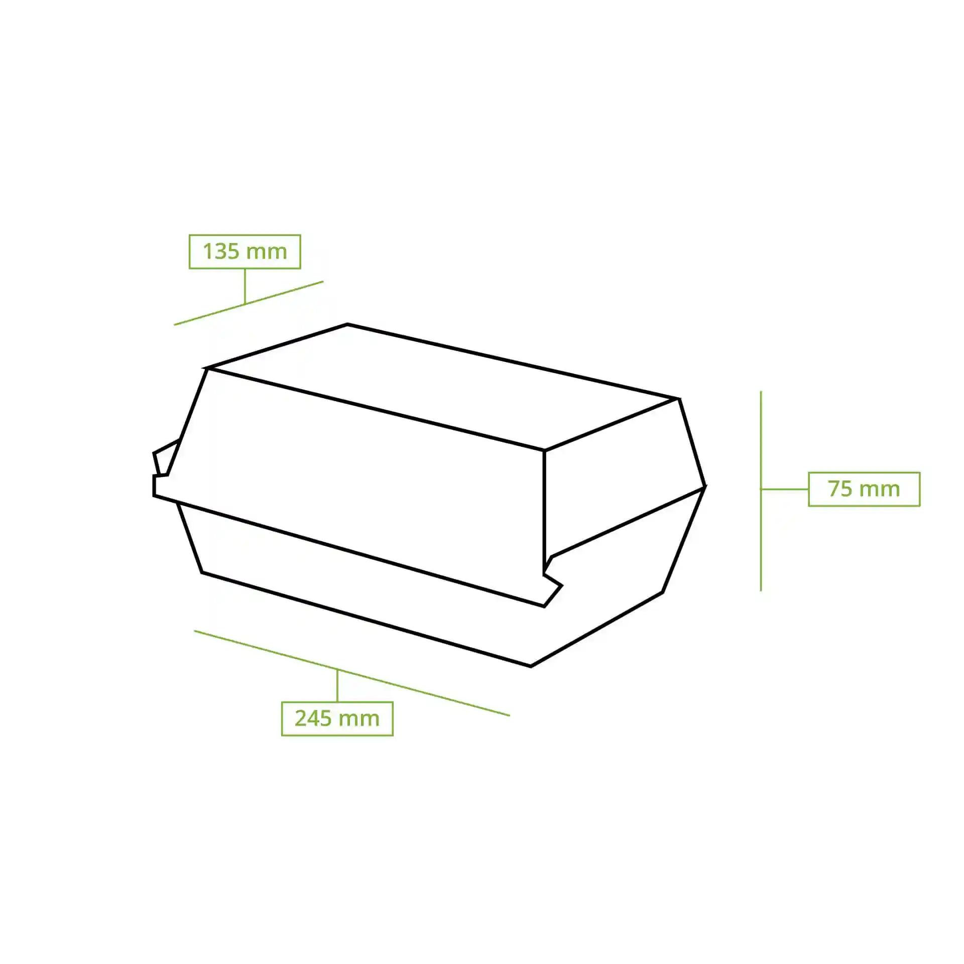 Dessin schématique d'une boîte alimentaire rectangulaire avec des dimensions de 247 mm de longueur, 138 mm de largeur et 75 mm de hauteur.
