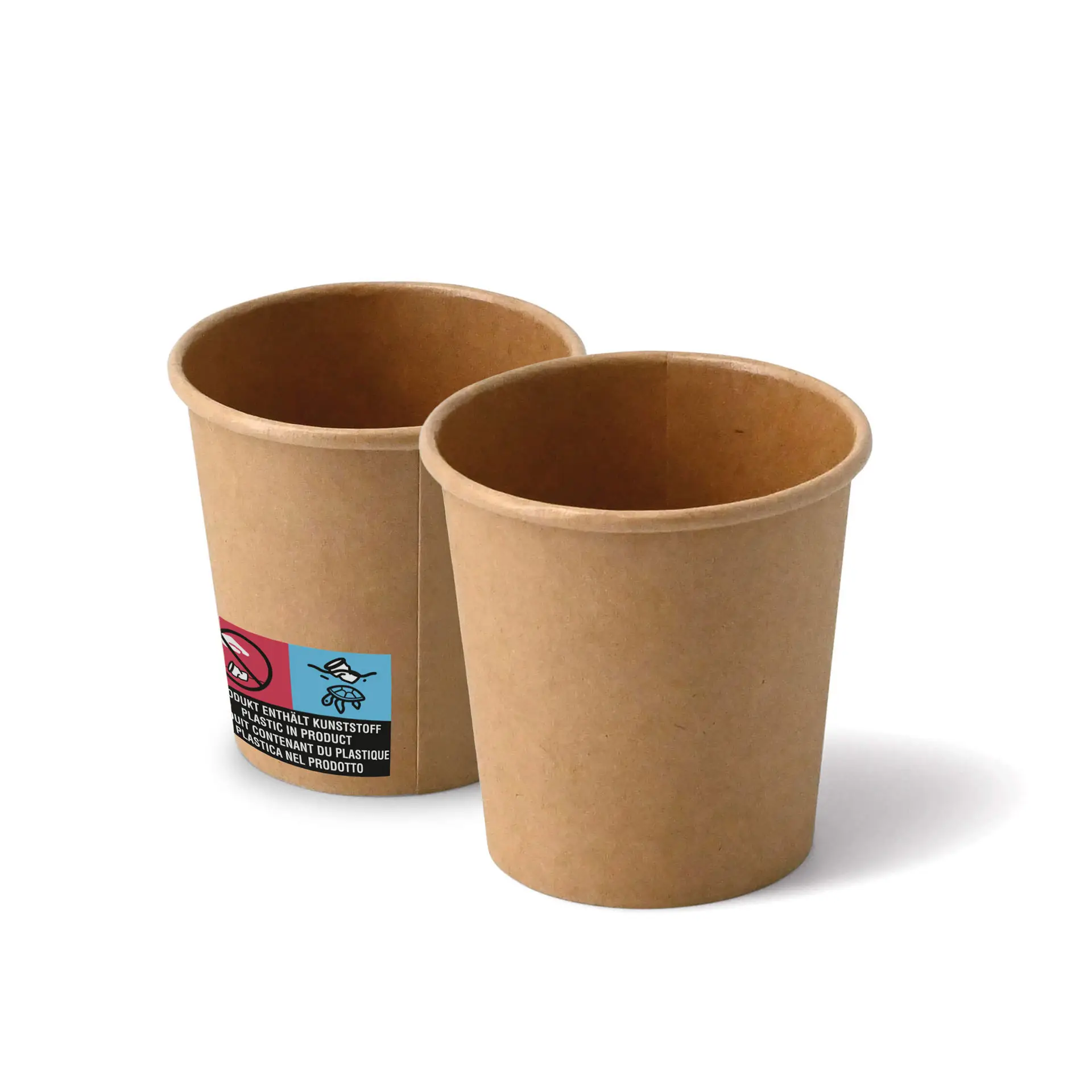 Deux gobelets en papier marron (4 oz) au design classique; l'un présente une étiquette avec des marquages sur le côté.