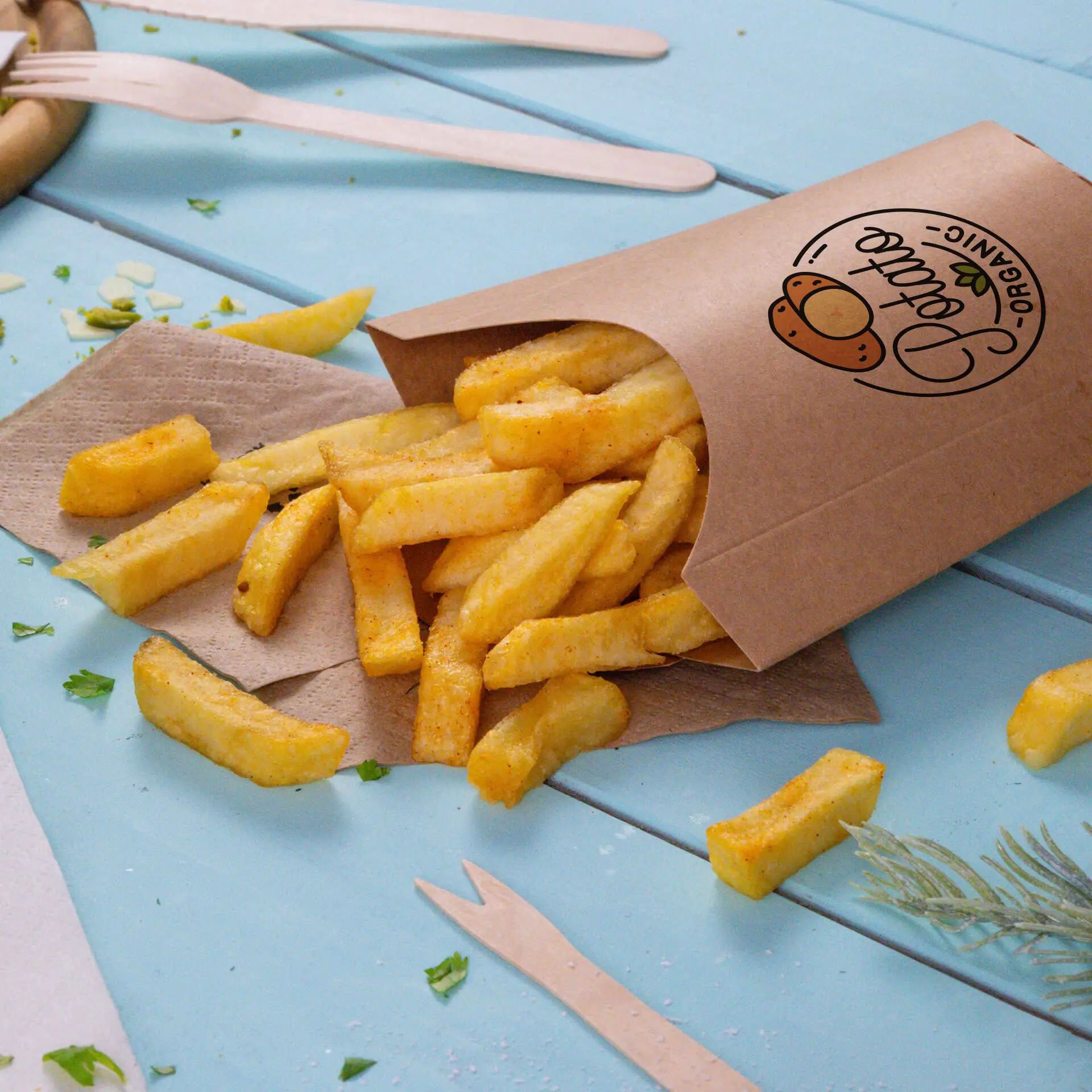Pochettes à frites personnalisées avec logo, 8,5 x 5 x 12 cm, avec revêtement à base d’eau