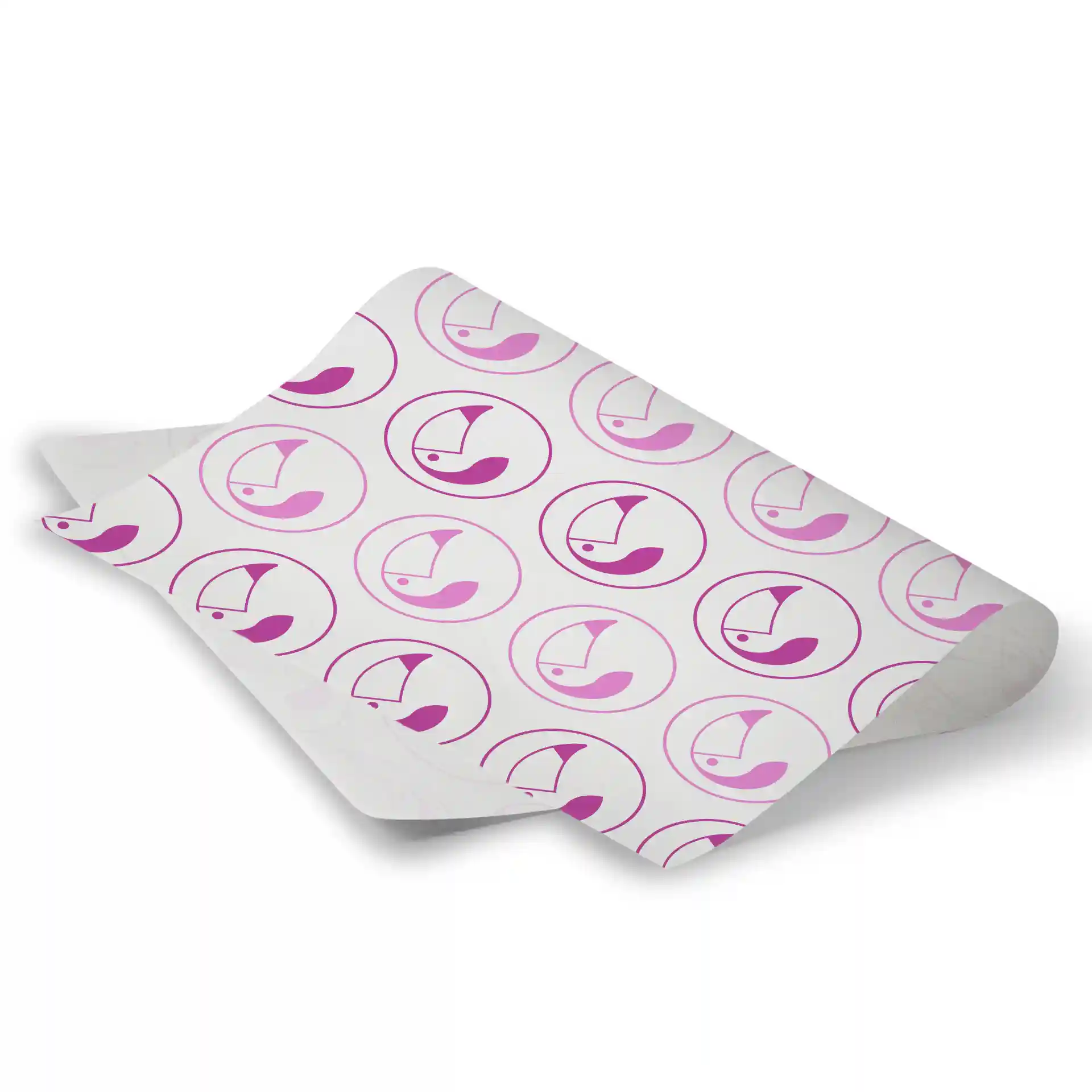 Papier d'emballage imprimé avec un fond blanc présentant un motif répété de designs circulaires roses et violets.