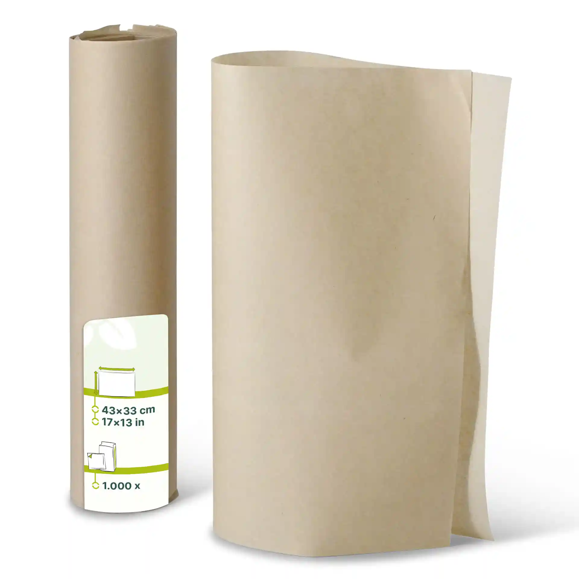 Feuilles de papier kraft alimentaire marron, enroulées, mesurant 43 x 33 cm, avec une étiquette indiquant les dimensions.