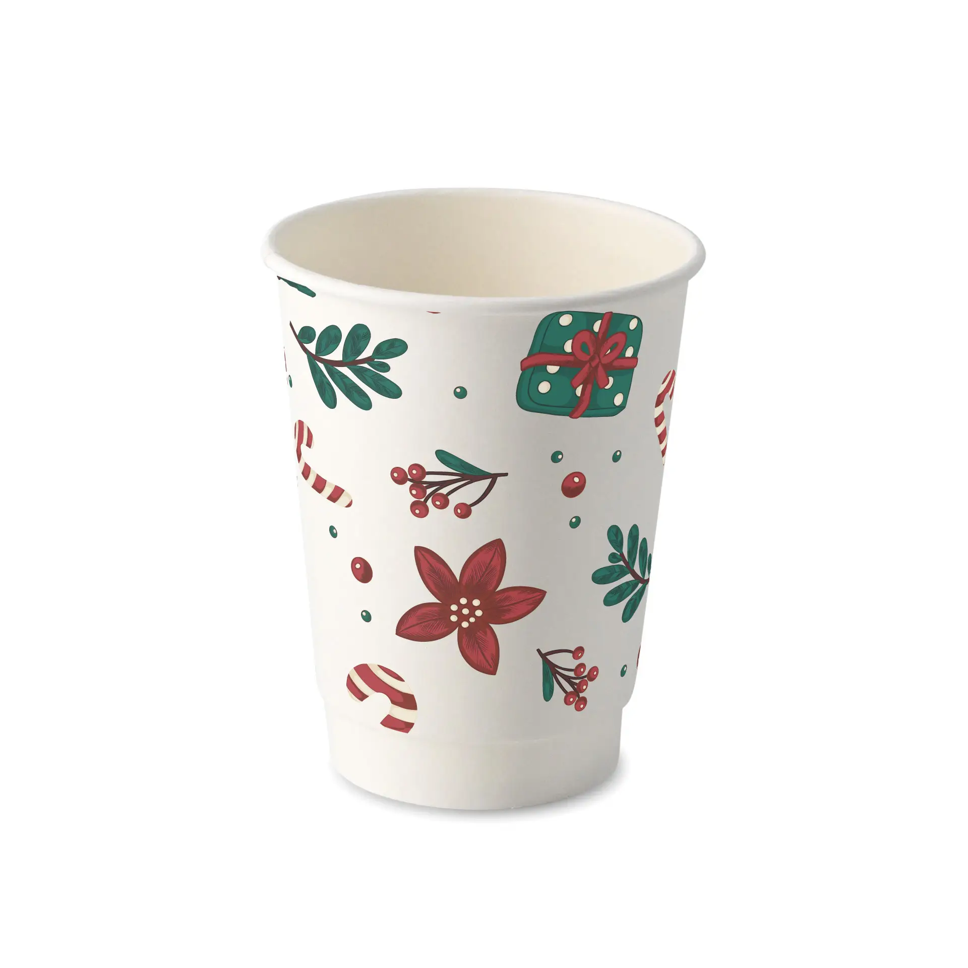 Tasse à café blanche à double paroi avec un design hivernal présentant des fleurs, des cadeaux et des cannes en sucre.