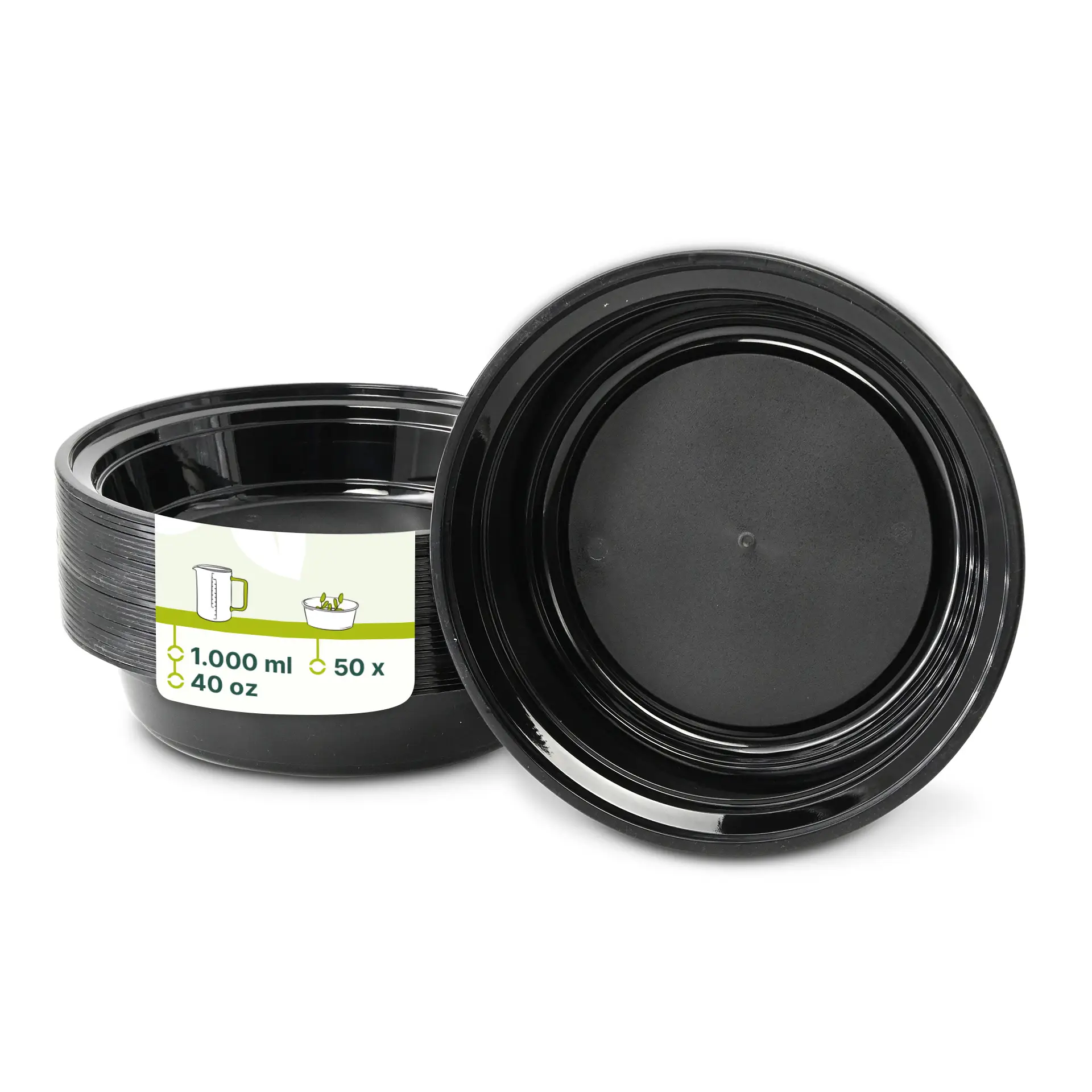 Assiette noire réutilisable en polypropylène, capacité de 1000 ml, idéale pour plats chauds et froids ; présentée avec des assiettes empilées en arrière-plan.