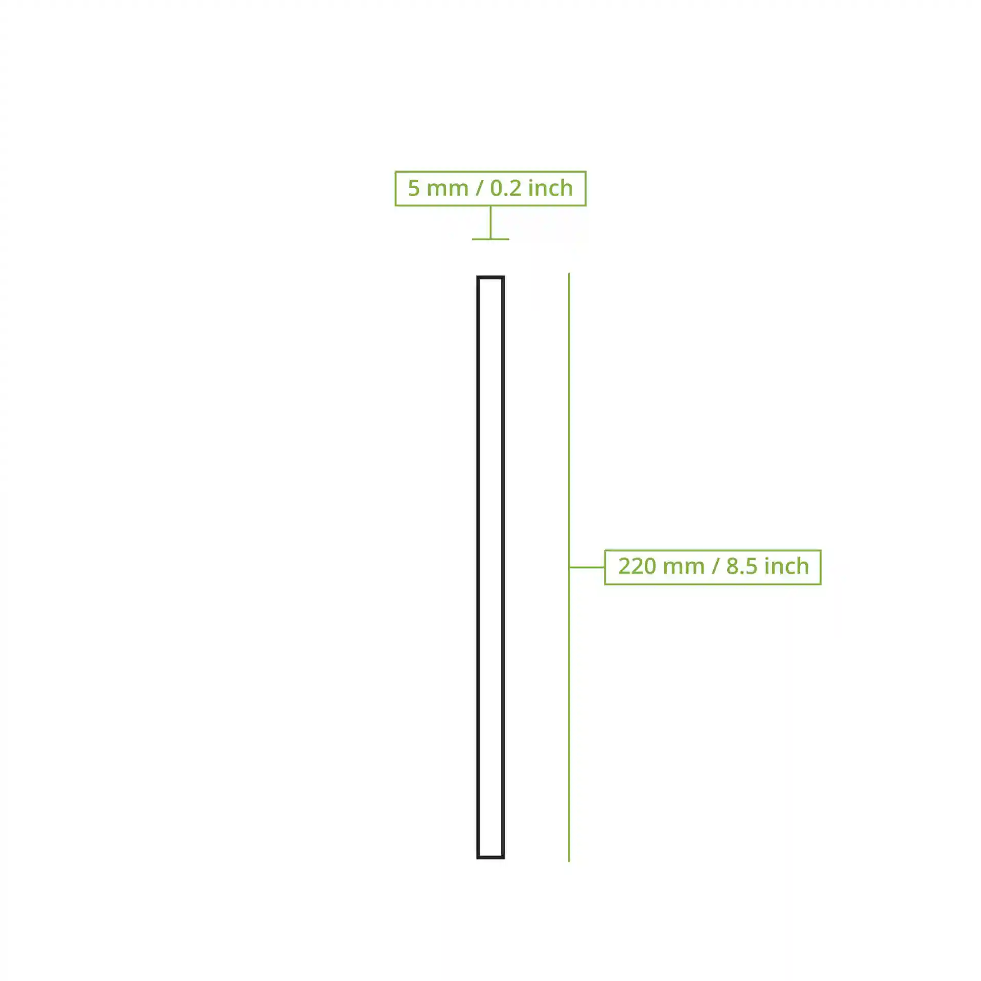 Dessin schématique d'une paille en papier noir flexible de 220 mm de long et 5 mm de diamètre.