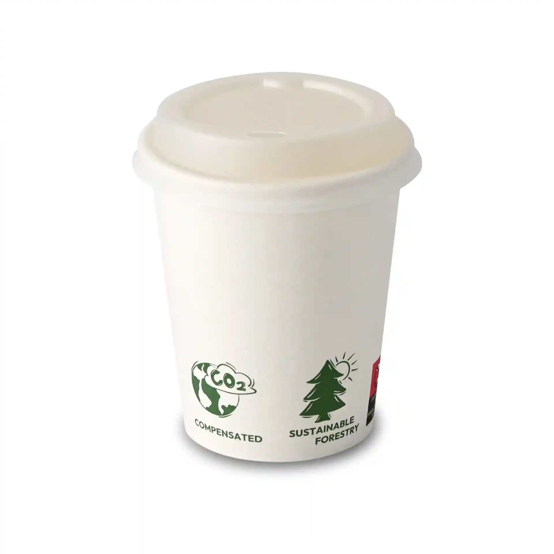 Gobelet en papier blanc à paroi simple, capacité de 200 ml, avec des icônes écologiques sur le côté.