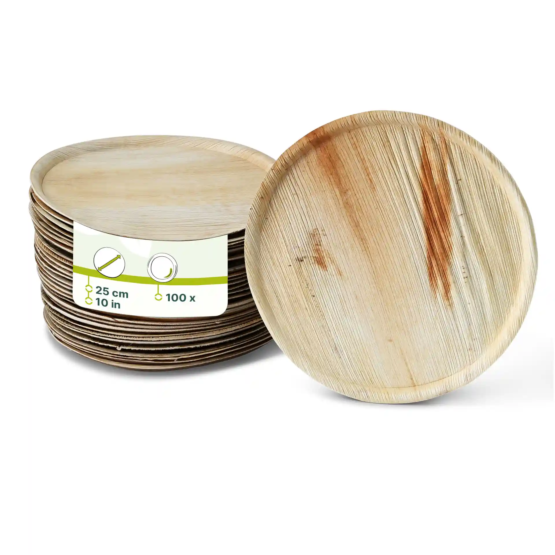 Assiettes à pizza en feuille de palmier rondes, 25 cm de diamètre, empilées avec une étiquette montrant les détails du produit.