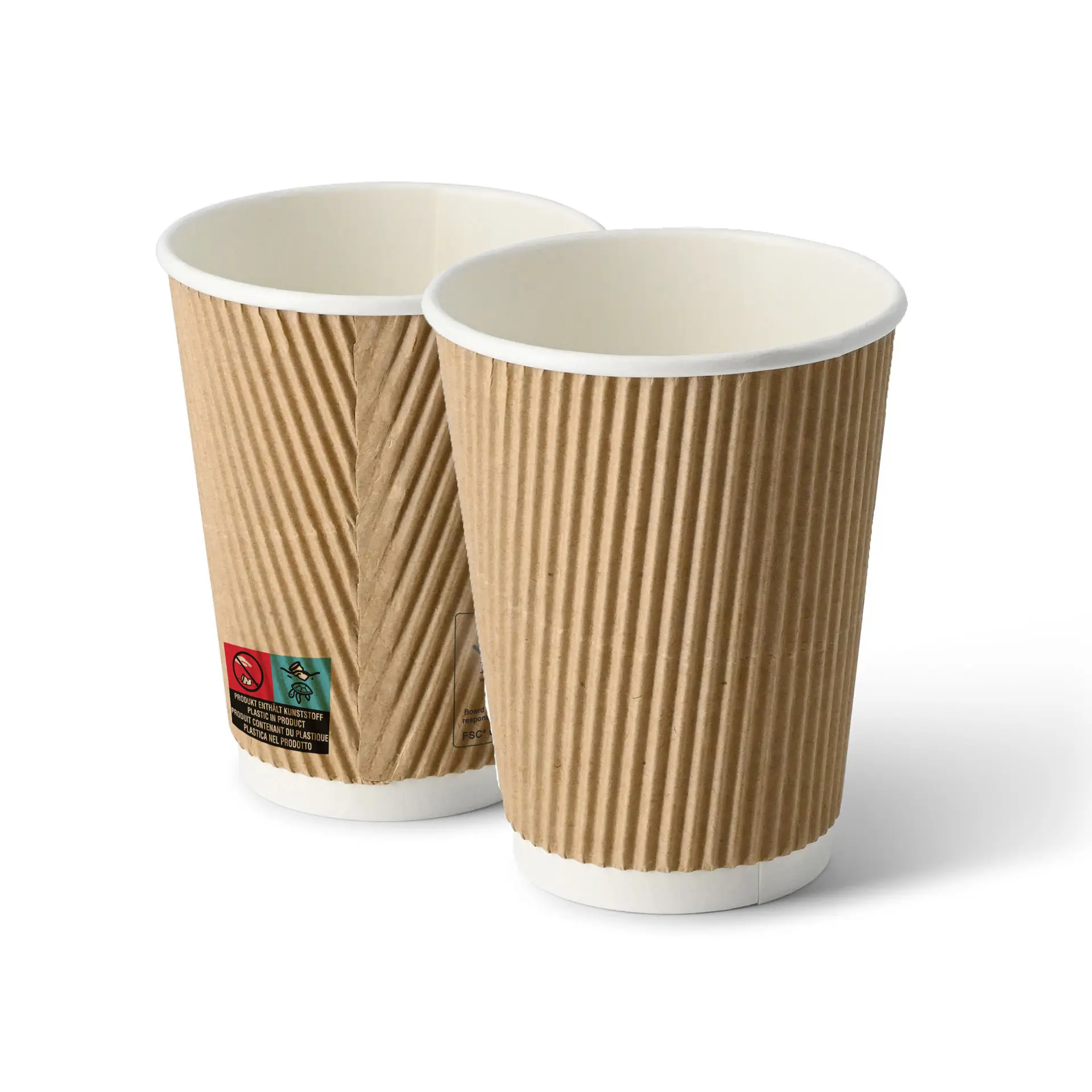 Deux tasses à café brunes à ondulations avec un intérieur blanc, montrant un extérieur texturé et une forme circulaire.
