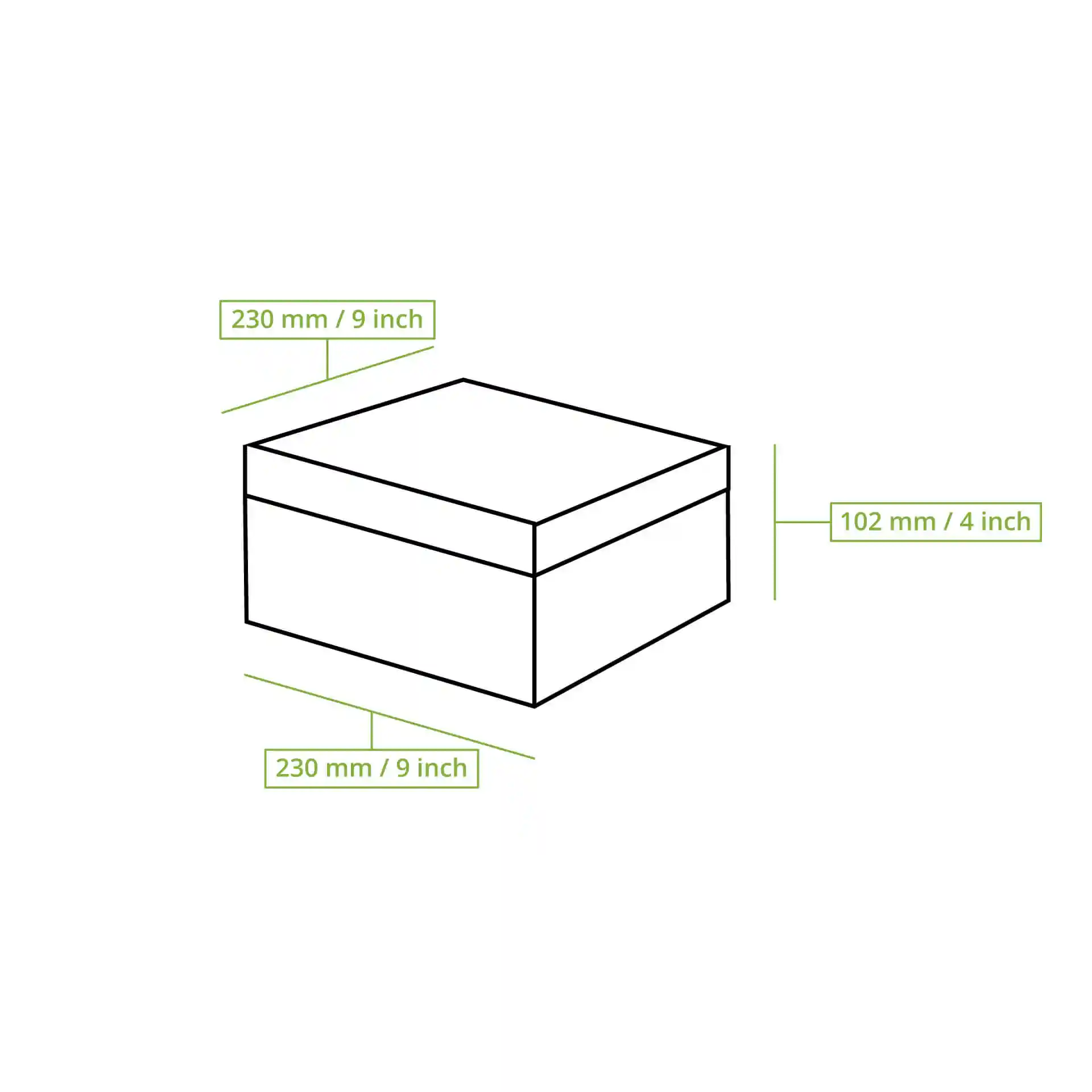 Dessin schématique d'une boîte à gâteau rectangulaire avec dimensions étiquetées : 230 mm de longueur, 230 mm de largeur et 102 mm de hauteur.