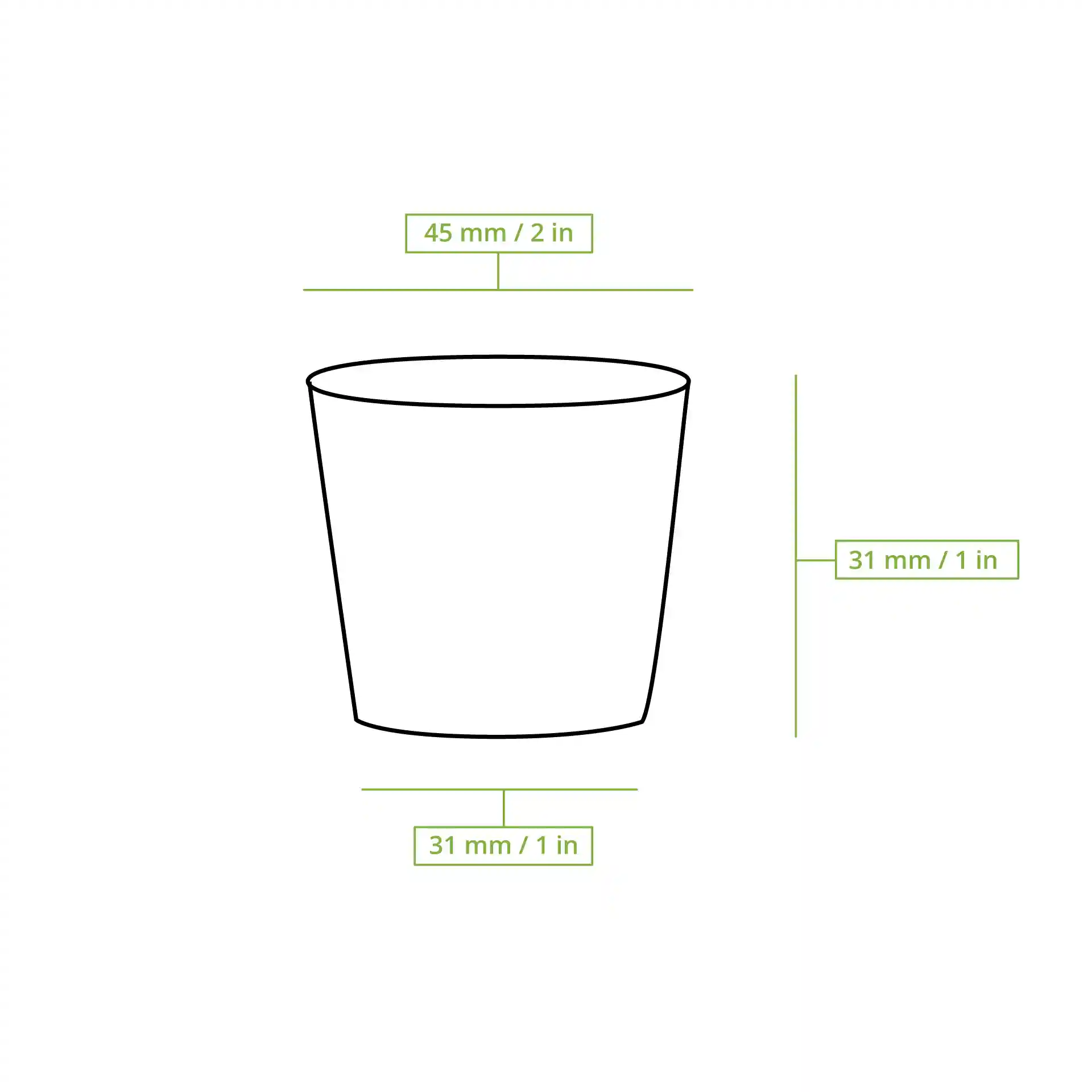 Dessin schématique d'un gobelet avec des lignes de dimension montrant une hauteur de 30 mm et un diamètre de 45 mm.