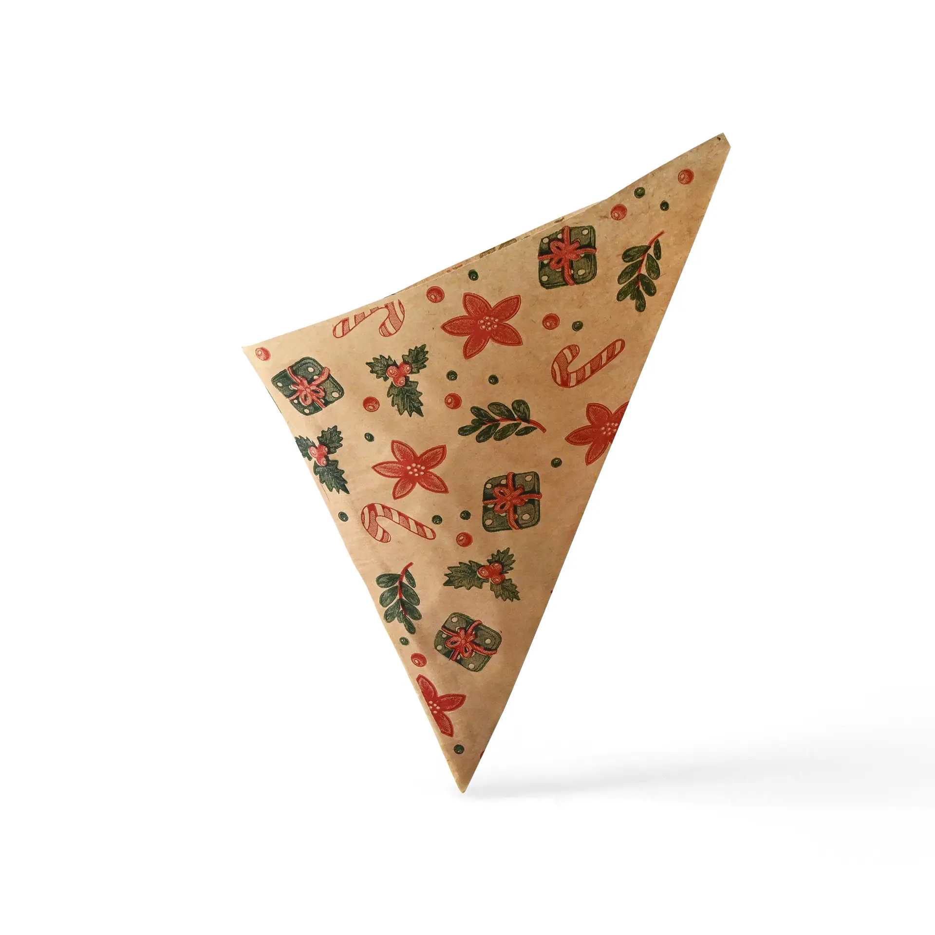 Sac en papier brun résistant à la graisse avec un design d'hiver, fleurs rouges, cannes en sucre et cadeaux, mesurant 19 x 19 cm.
