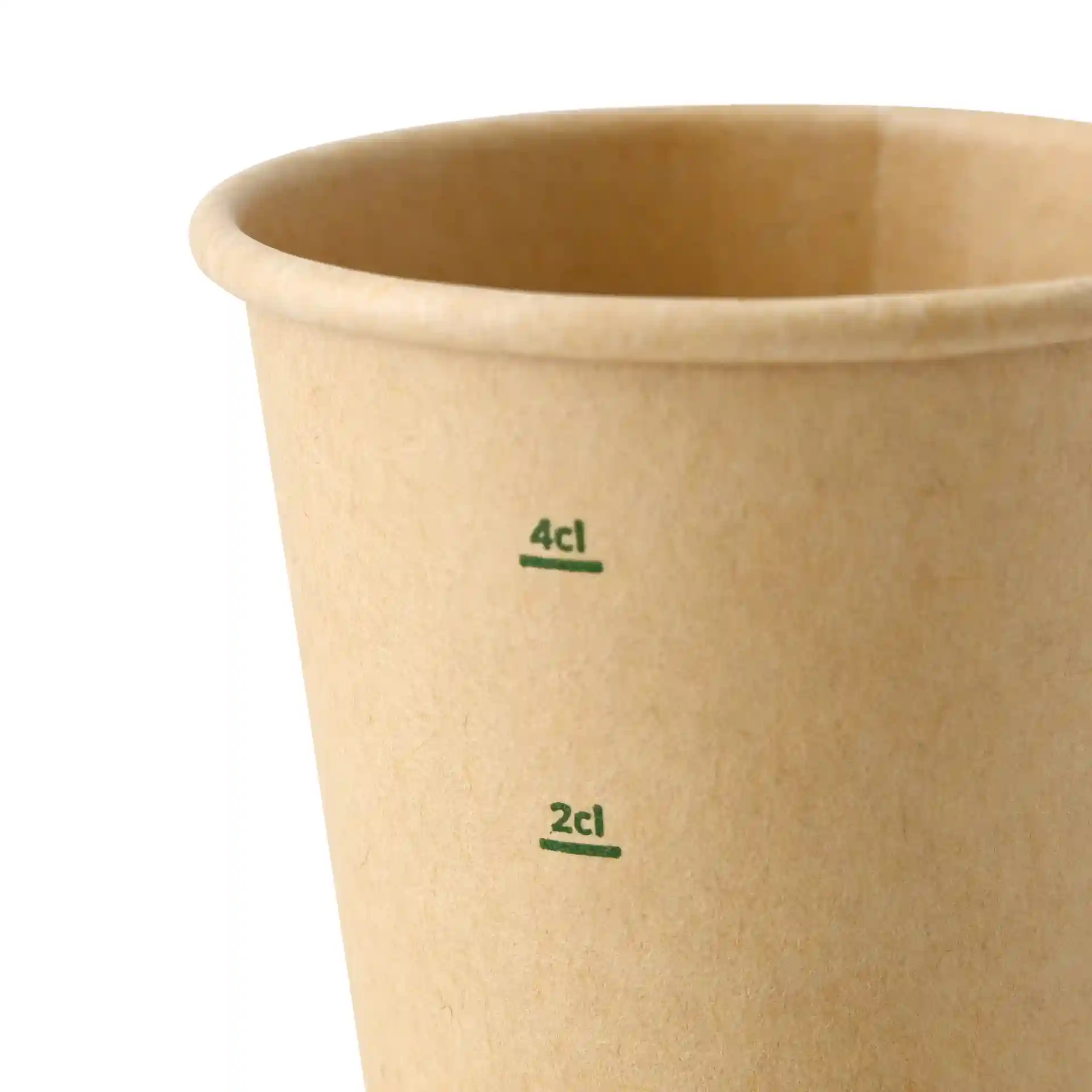 Gobelet en papier brun avec des repères de mesure pour 2 cl et 4 cl sur le côté, construction à simple paroi.