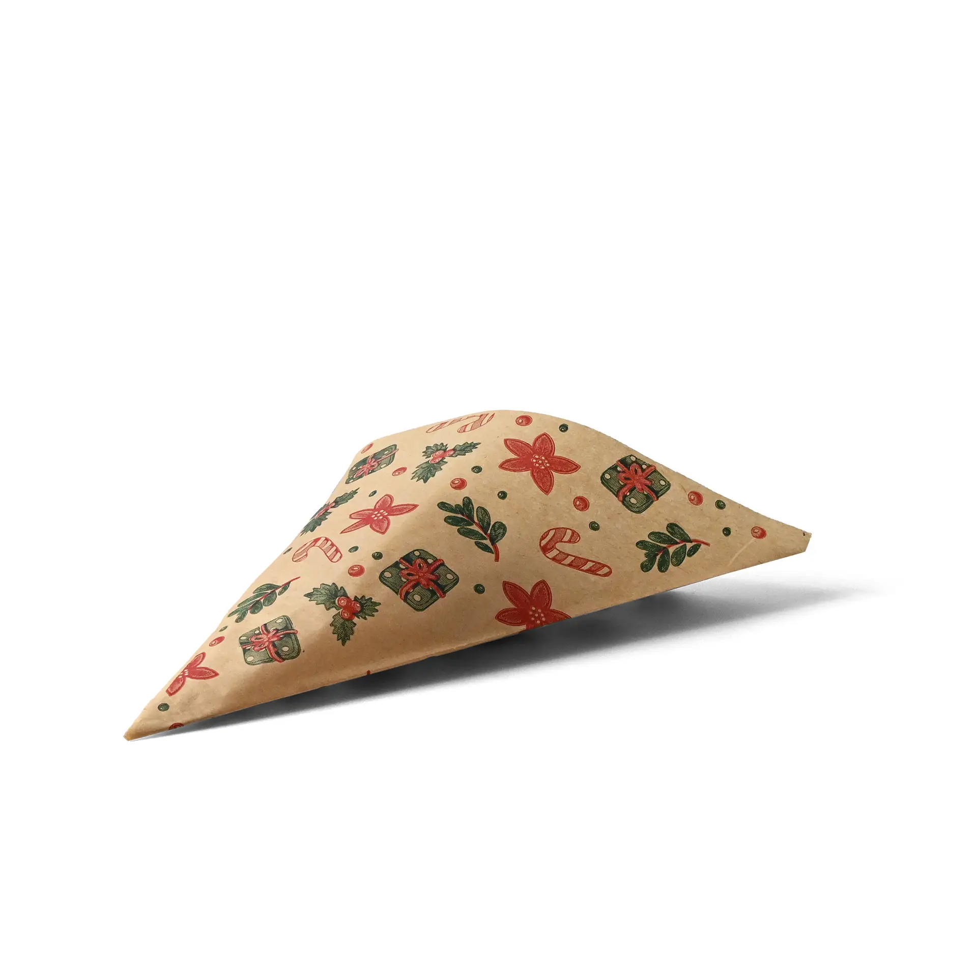 Sac en papier brun résistant à la graisse avec un design d'hiver, cadeaux, cannes en sucre et fleurs, mesurant 19 x 19 cm.
