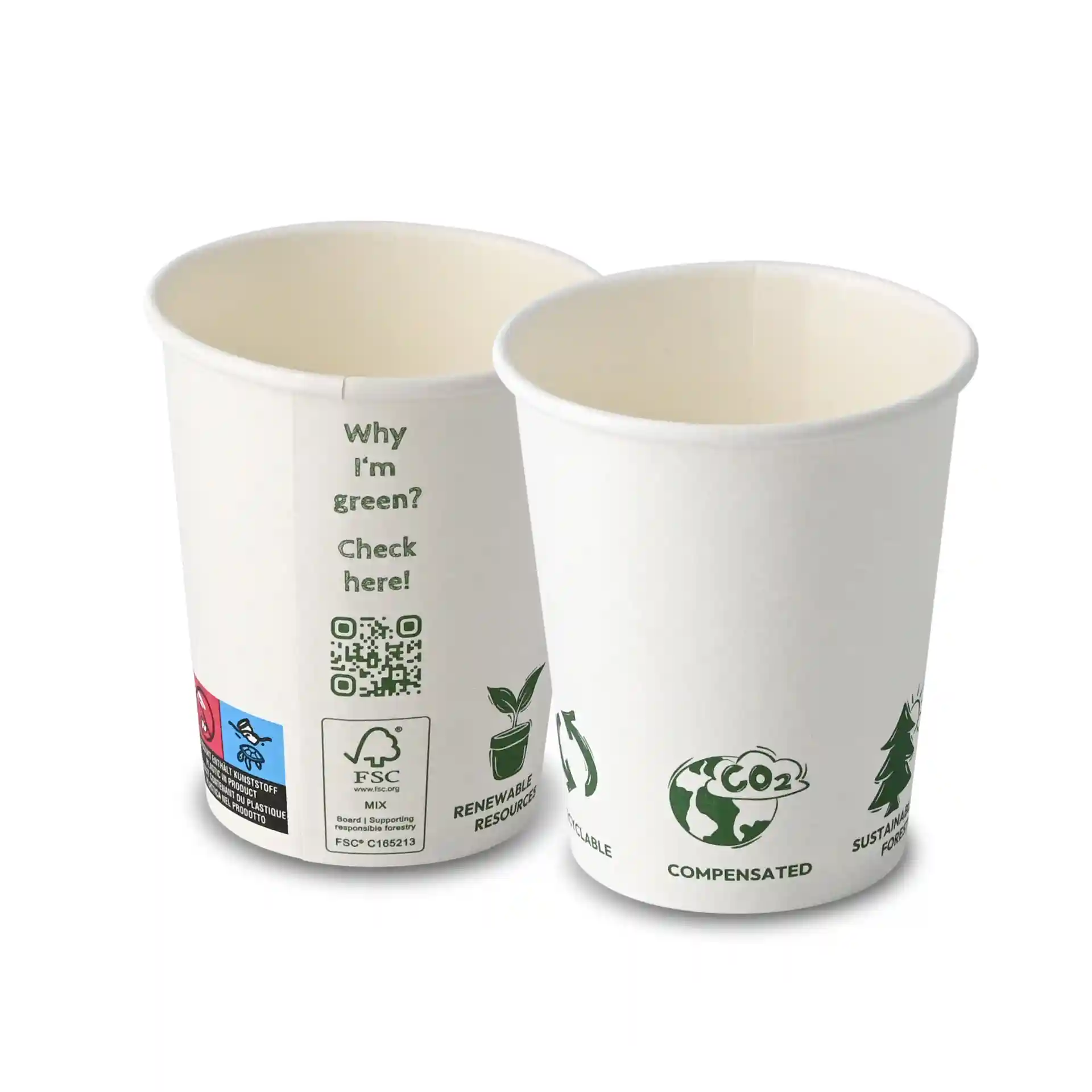 Gobelets en papier blancs à paroi simple, capacité de 200 ml, avec divers icônes écologiques et un code QR.